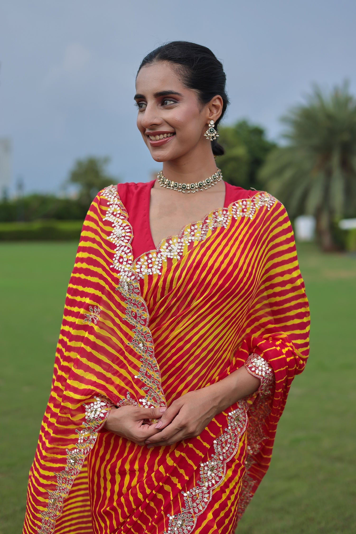 Leheriya Georgette Saree with Aari and Gota Patti work