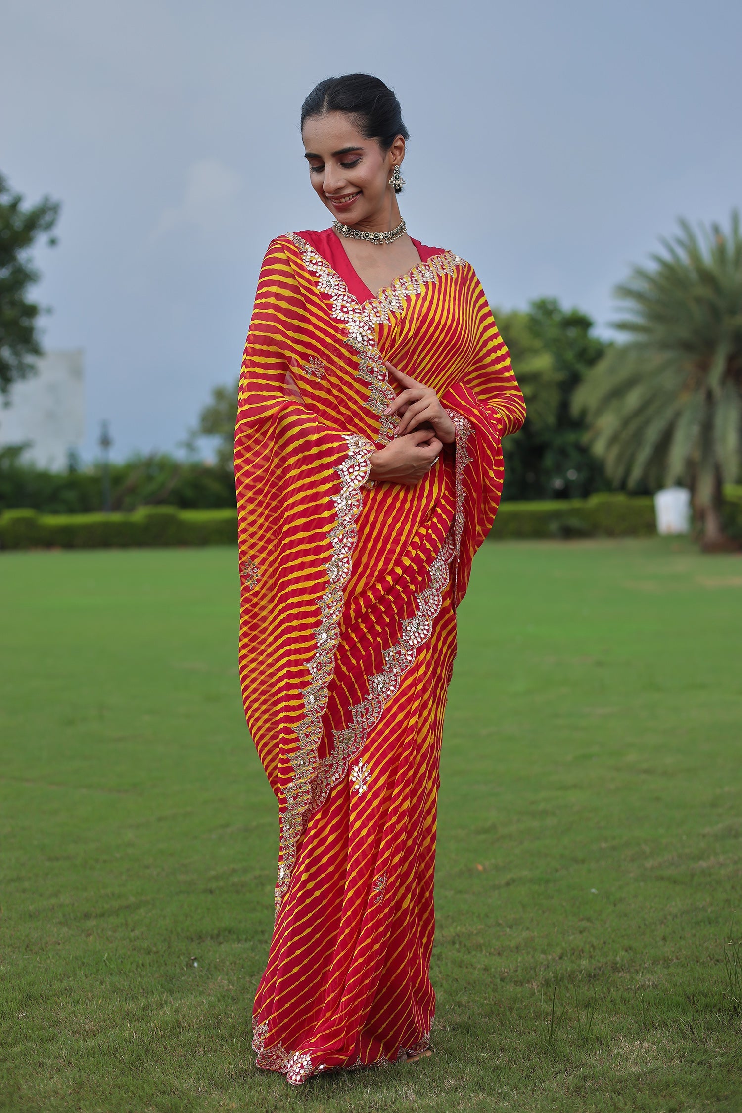 Leheriya Georgette Saree with Aari and Gota Patti work
