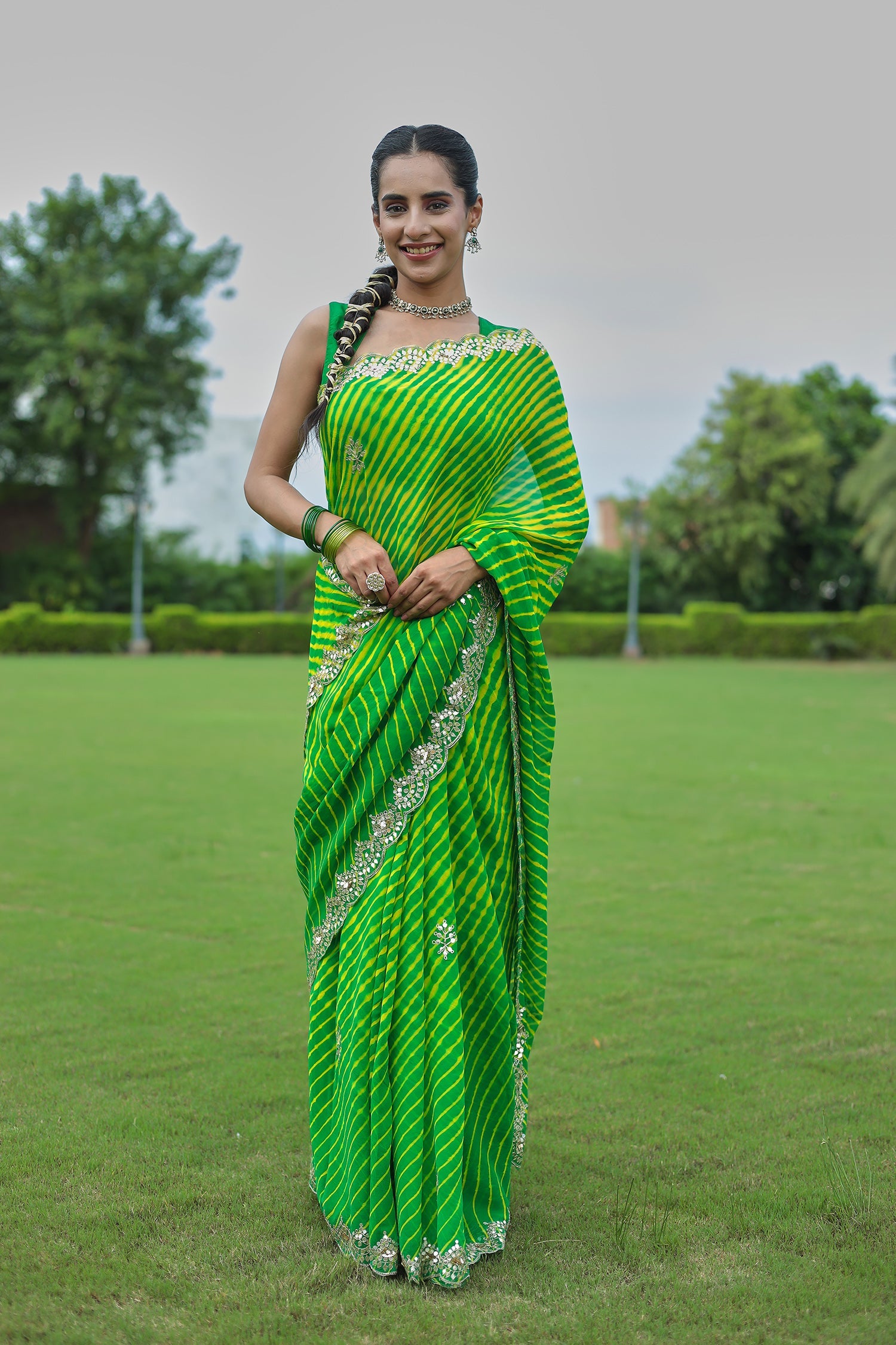 Leheriya Georgette Saree with Aari and Gota Patti work