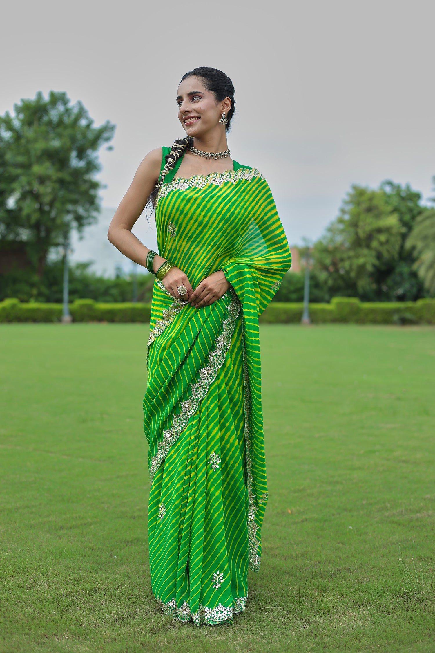 Leheriya Georgette Saree with Aari and Gota Patti work