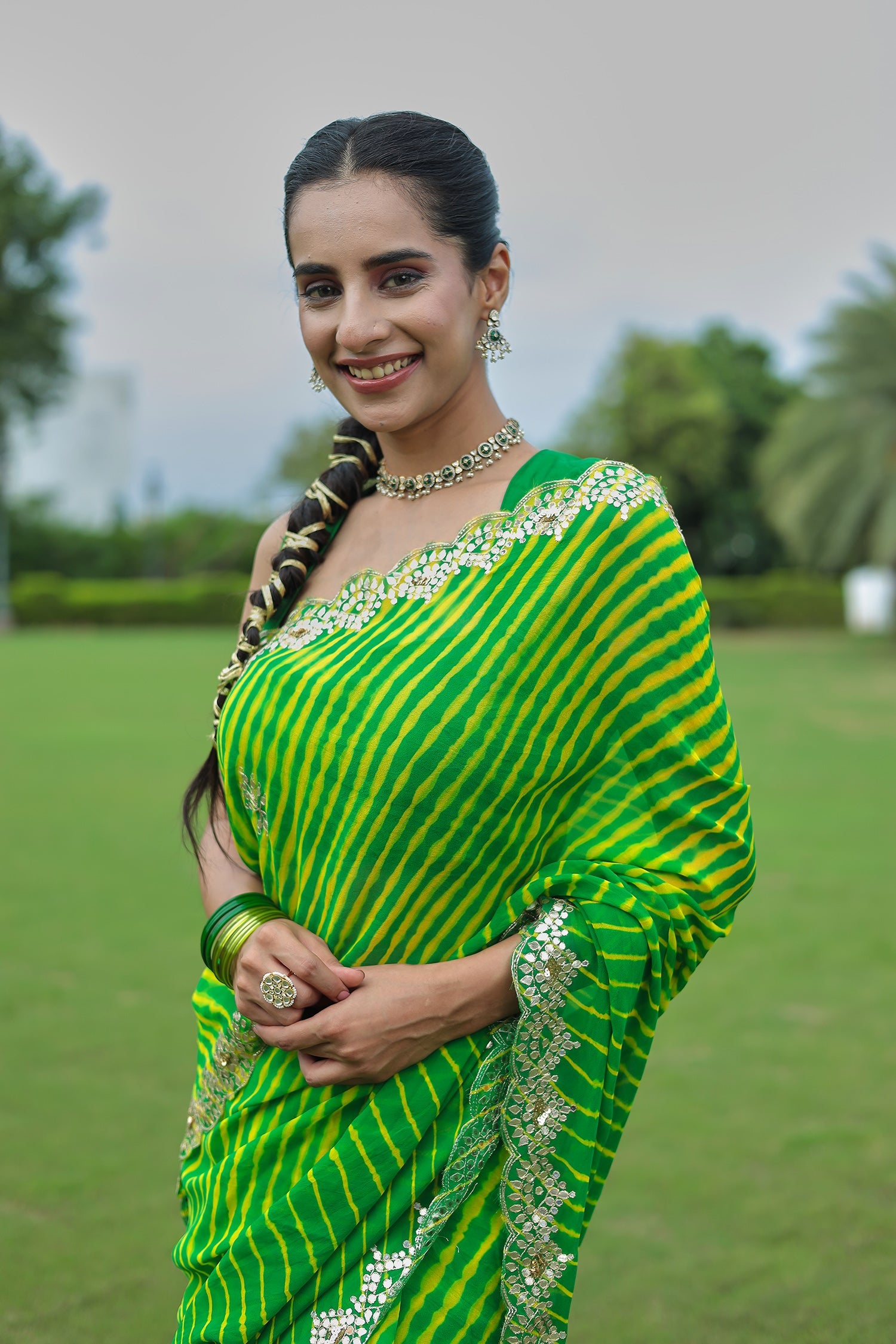 Leheriya Georgette Saree with Aari and Gota Patti work