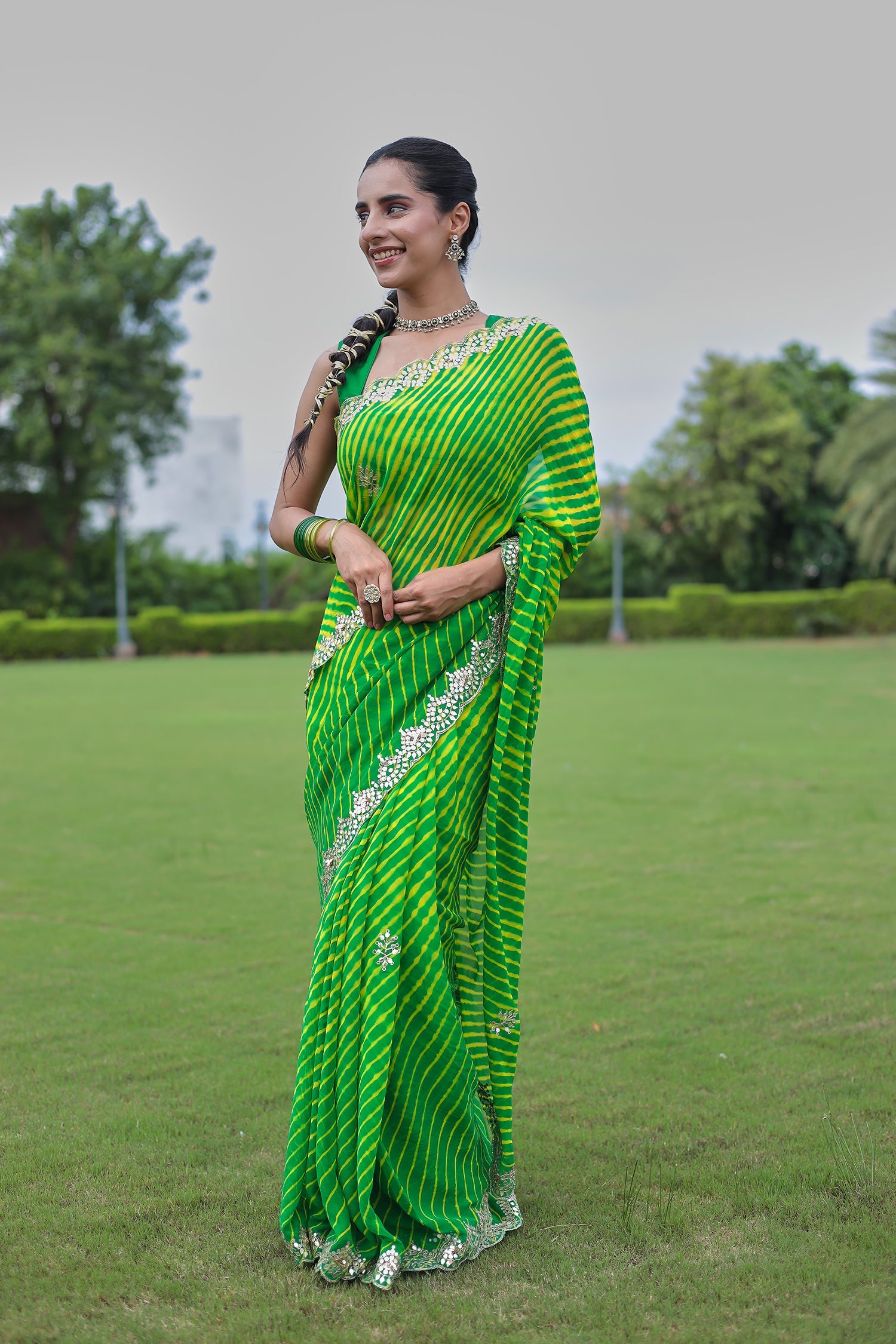 Leheriya Georgette Saree with Aari and Gota Patti work