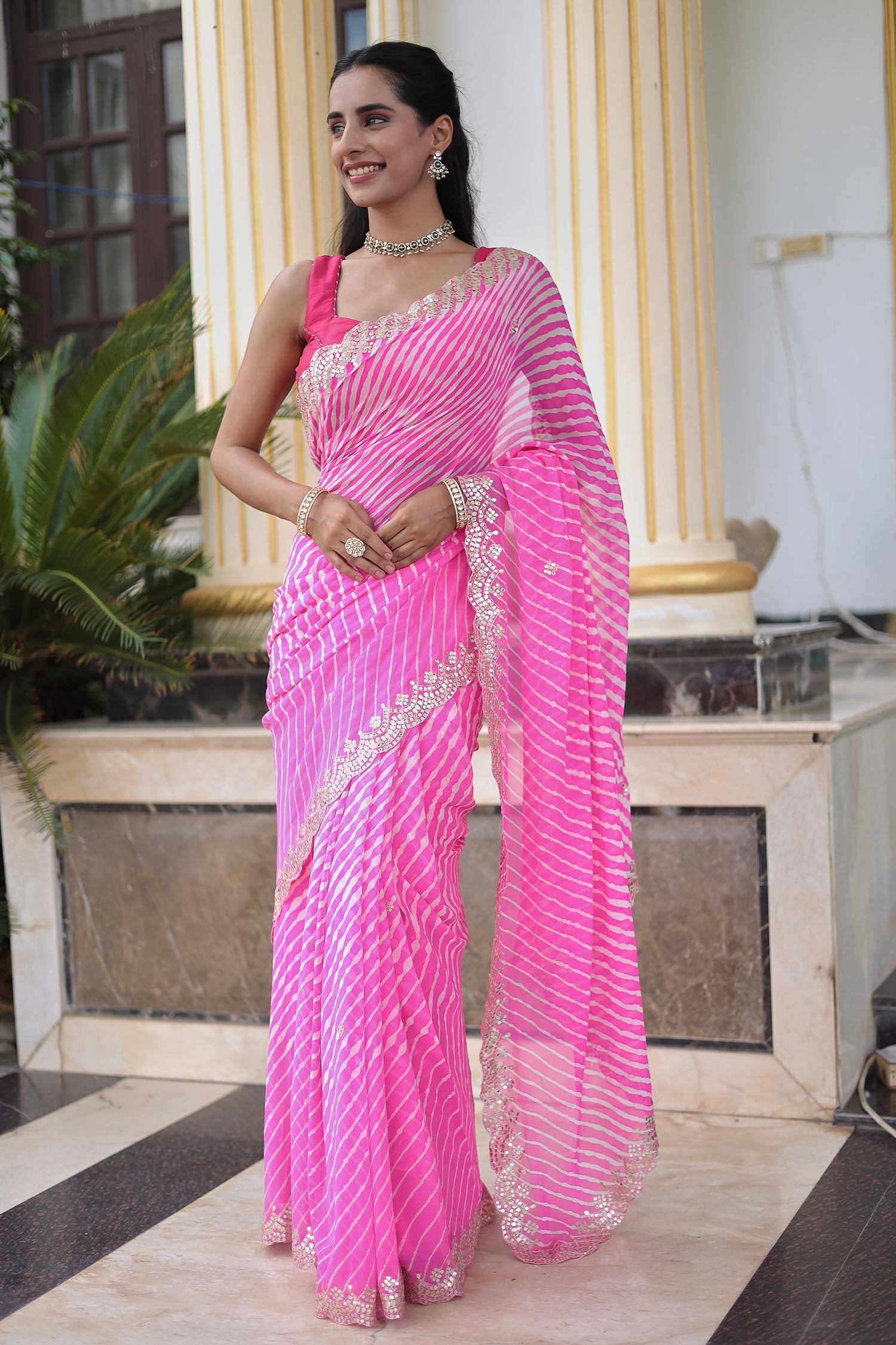 Leheriya Georgette Saree with Aari and Gota Patti work