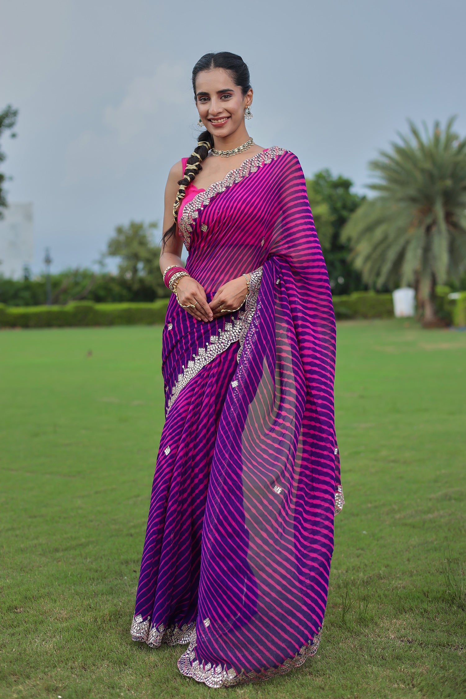 Leheriya Georgette Saree with Aari and Gota Patti work