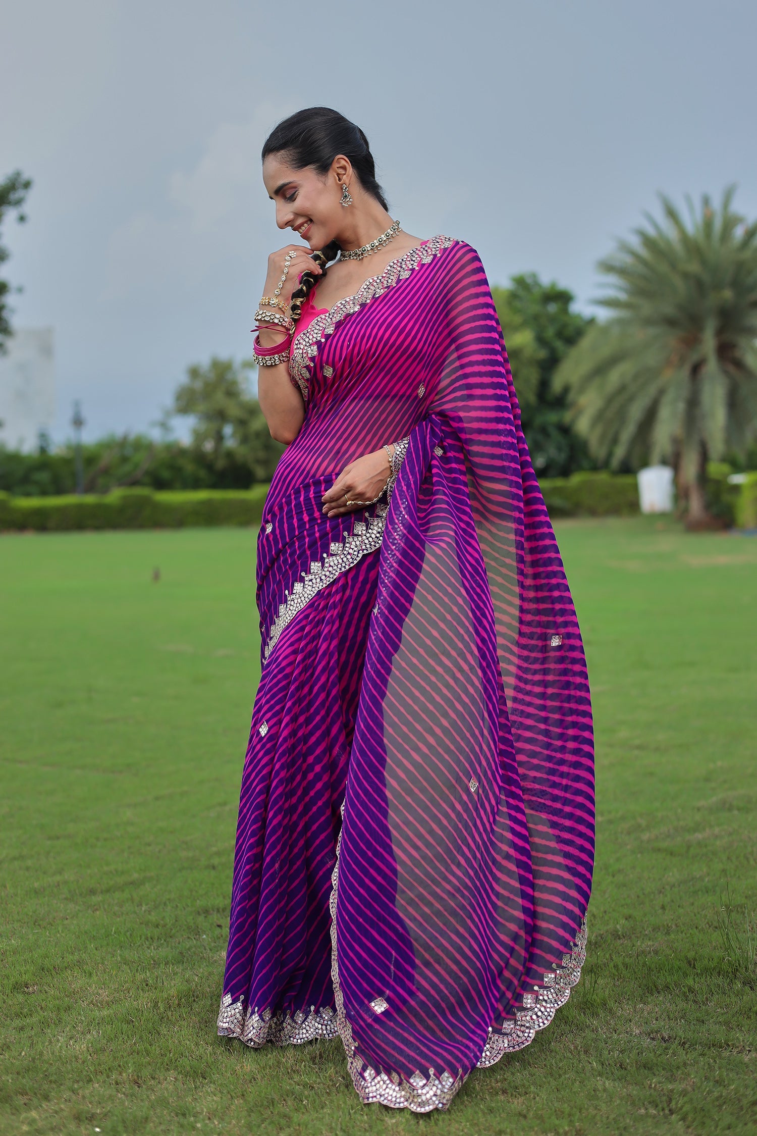 Leheriya Georgette Saree with Aari and Gota Patti work
