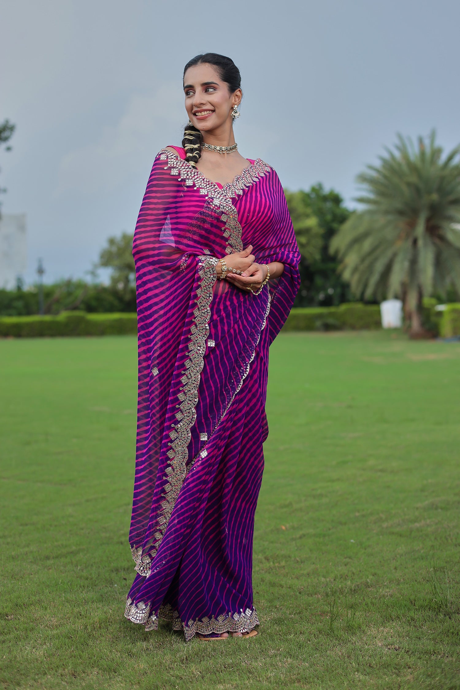 Leheriya Georgette Saree with Aari and Gota Patti work