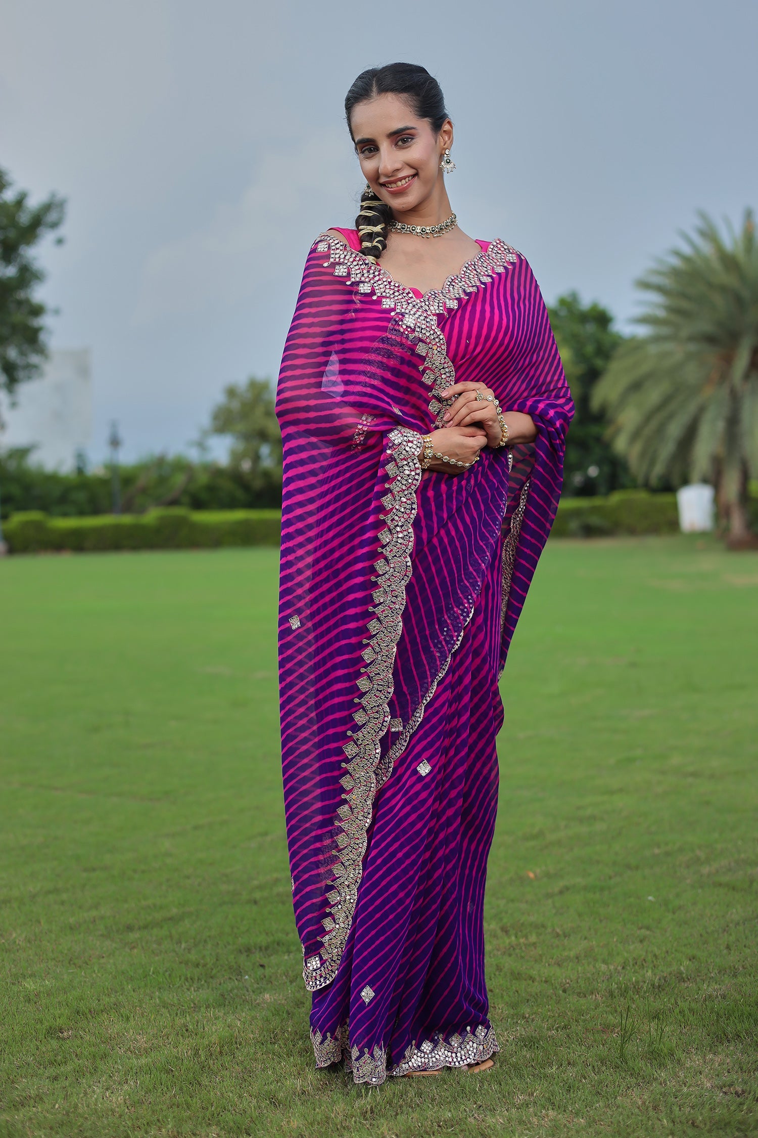 Leheriya Georgette Saree with Aari and Gota Patti work