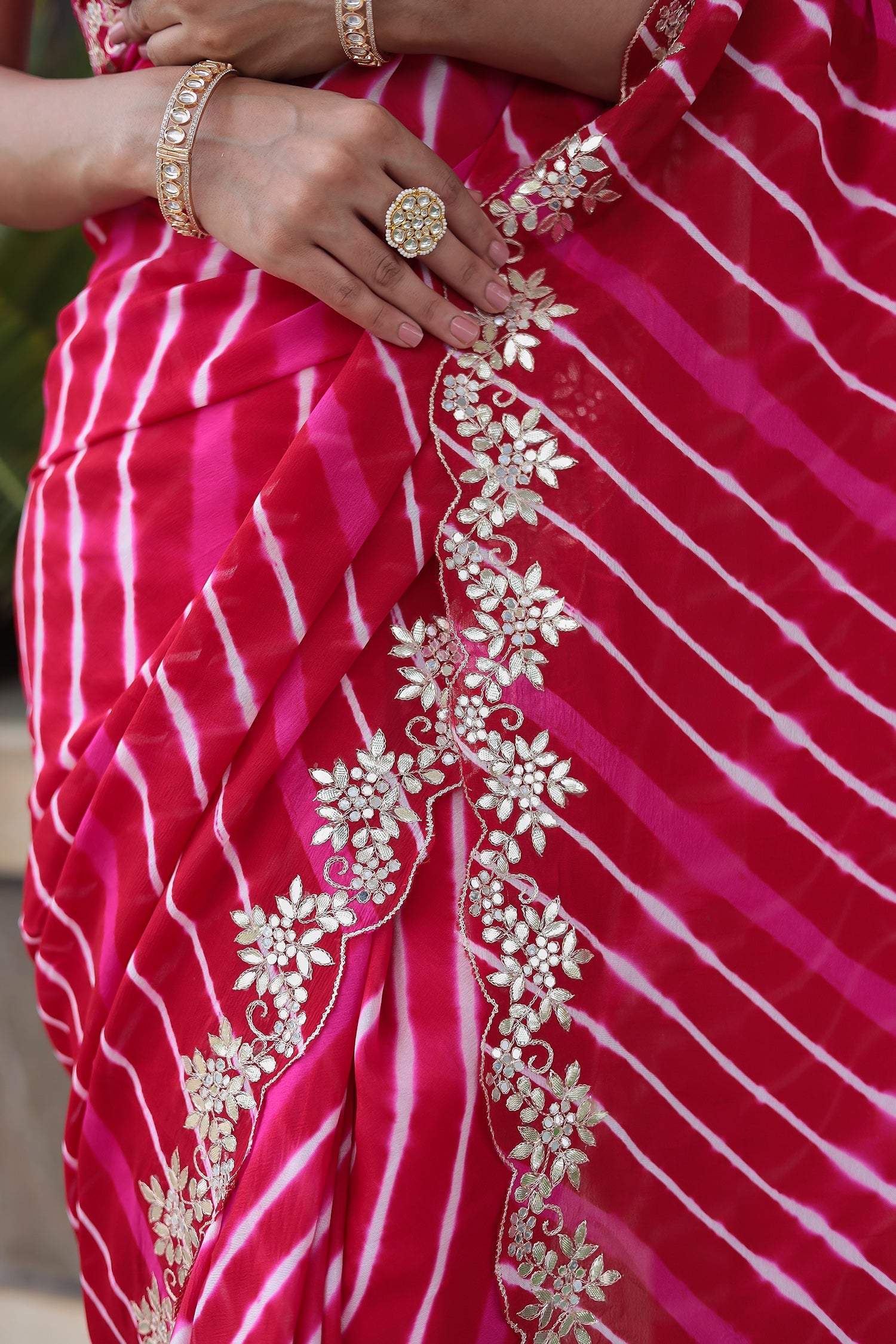 Leheriya Silk Saree with Aari and Gota Patti work