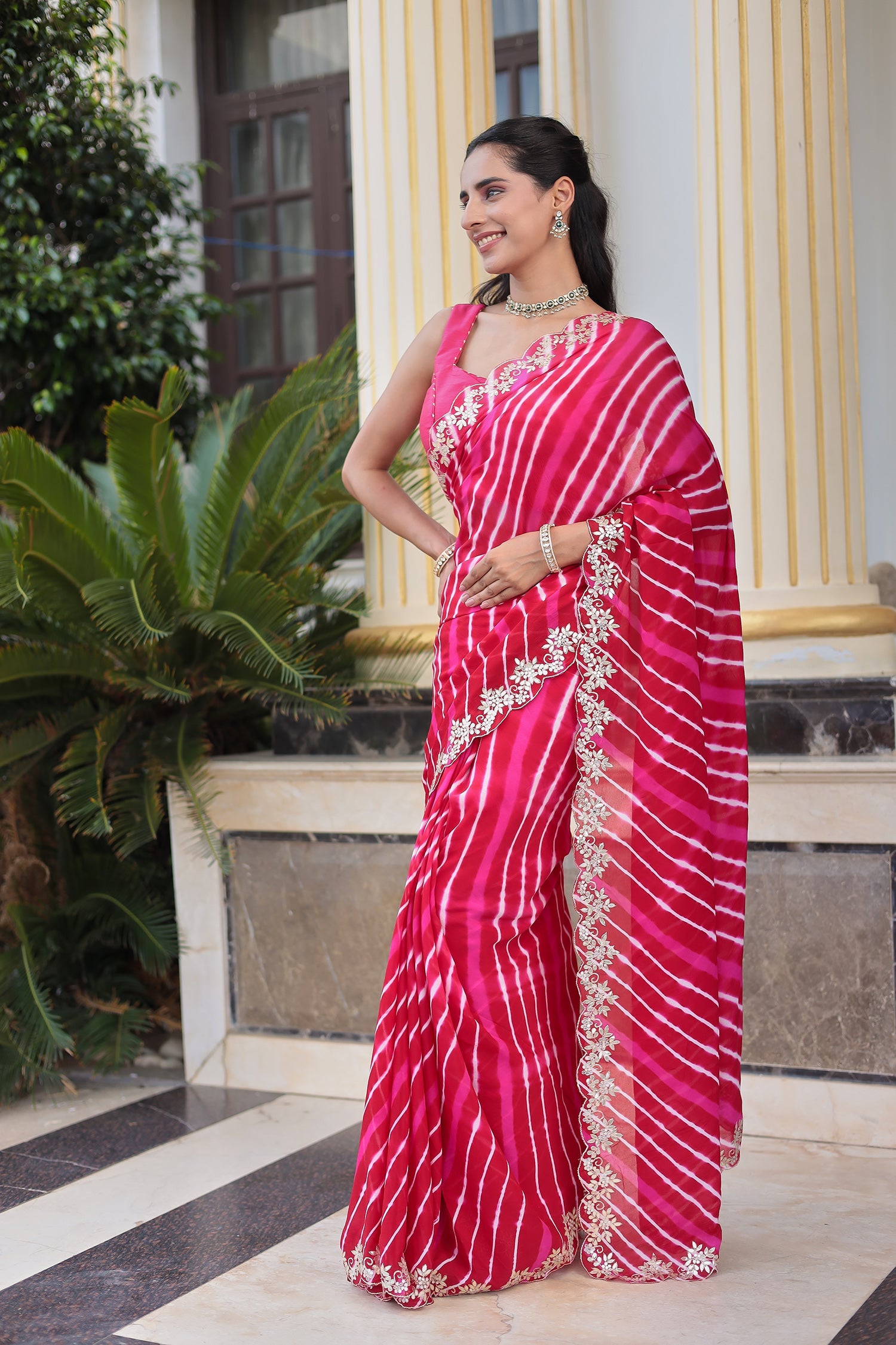 Leheriya Silk Saree with Aari and Gota Patti work
