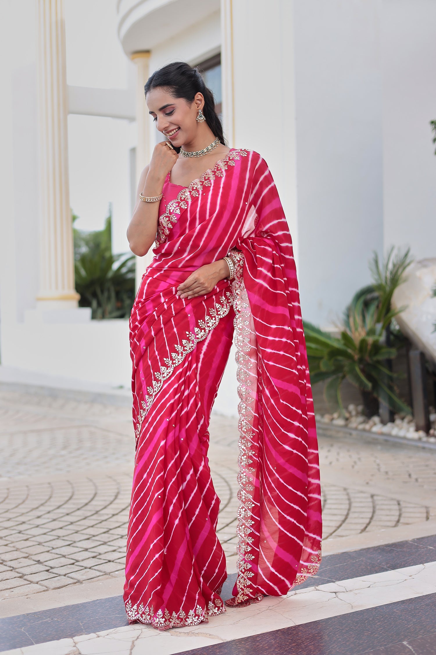 Leheriya Silk Saree with Timeless Aari and Gota Patti Embroidery