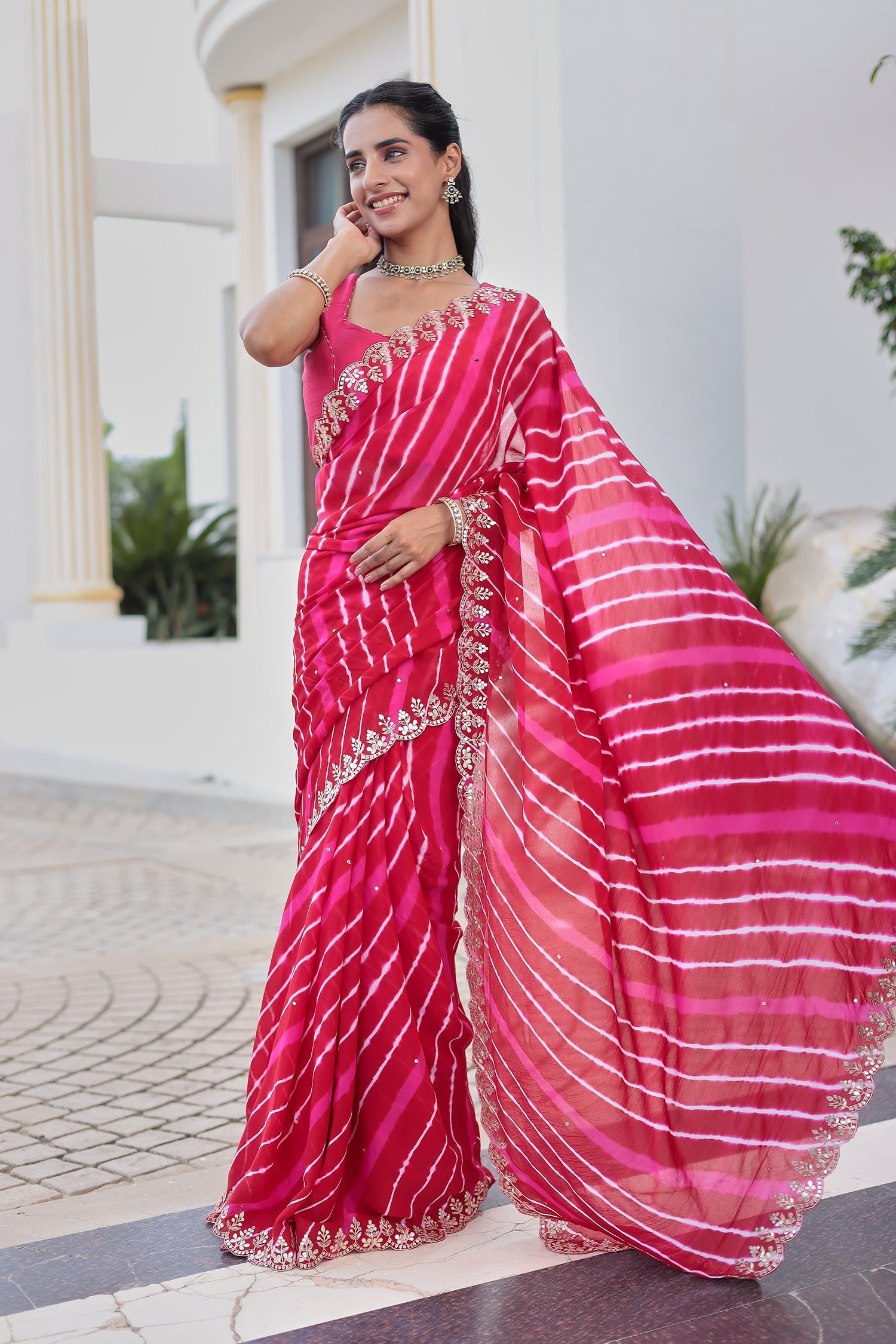 Leheriya Silk Saree with Timeless Aari and Gota Patti Embroidery