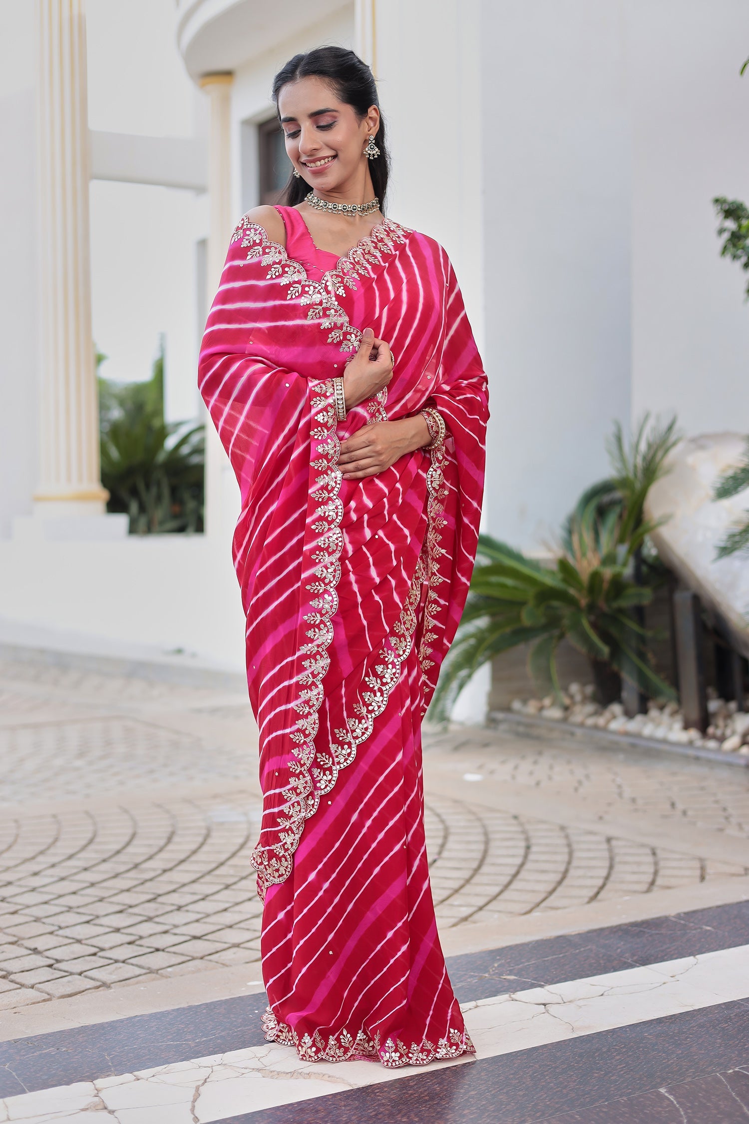 Leheriya Silk Saree with Timeless Aari and Gota Patti Embroidery