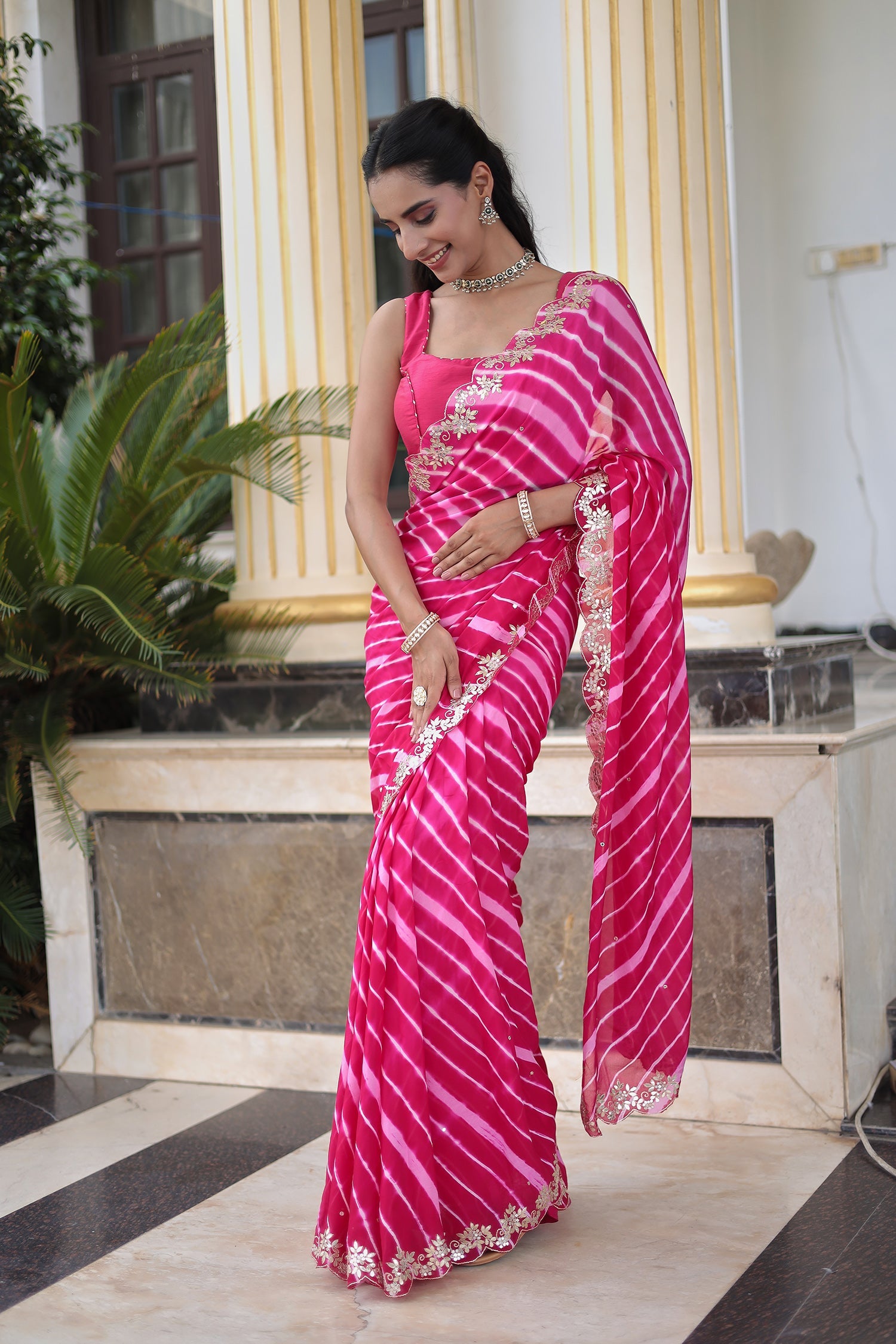 Leheriya Silk Saree with Timeless Aari and Gota Patti Embroidery