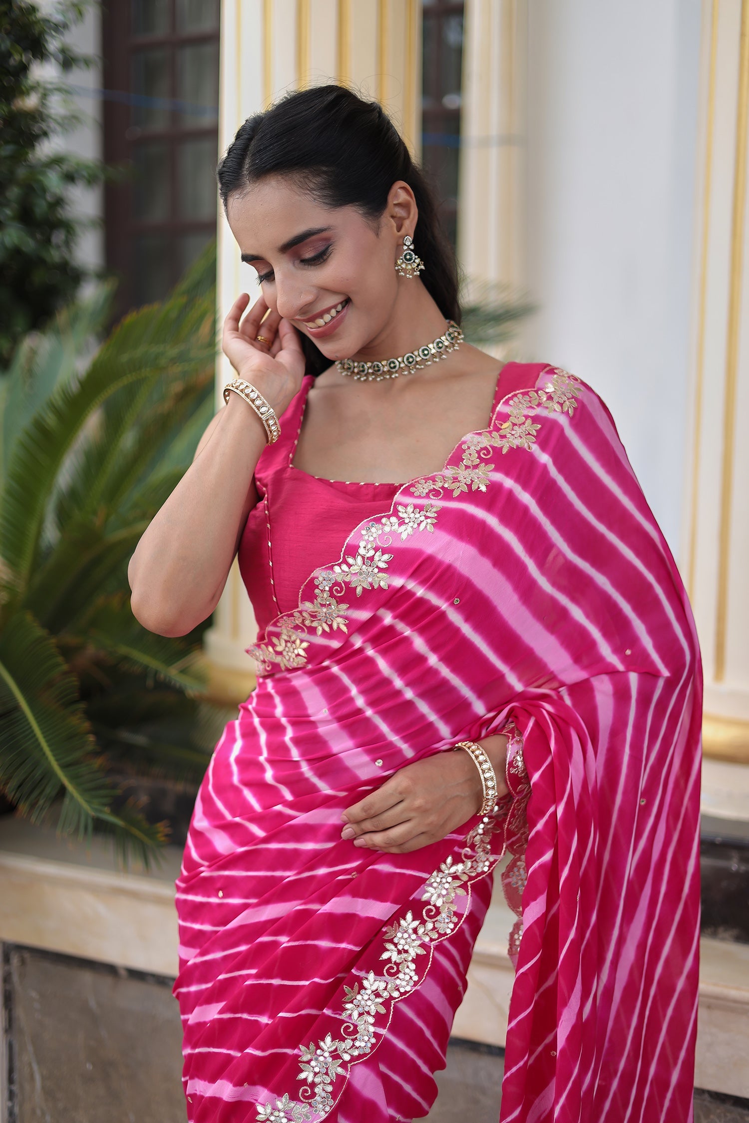 Leheriya Silk Saree with Timeless Aari and Gota Patti Embroidery