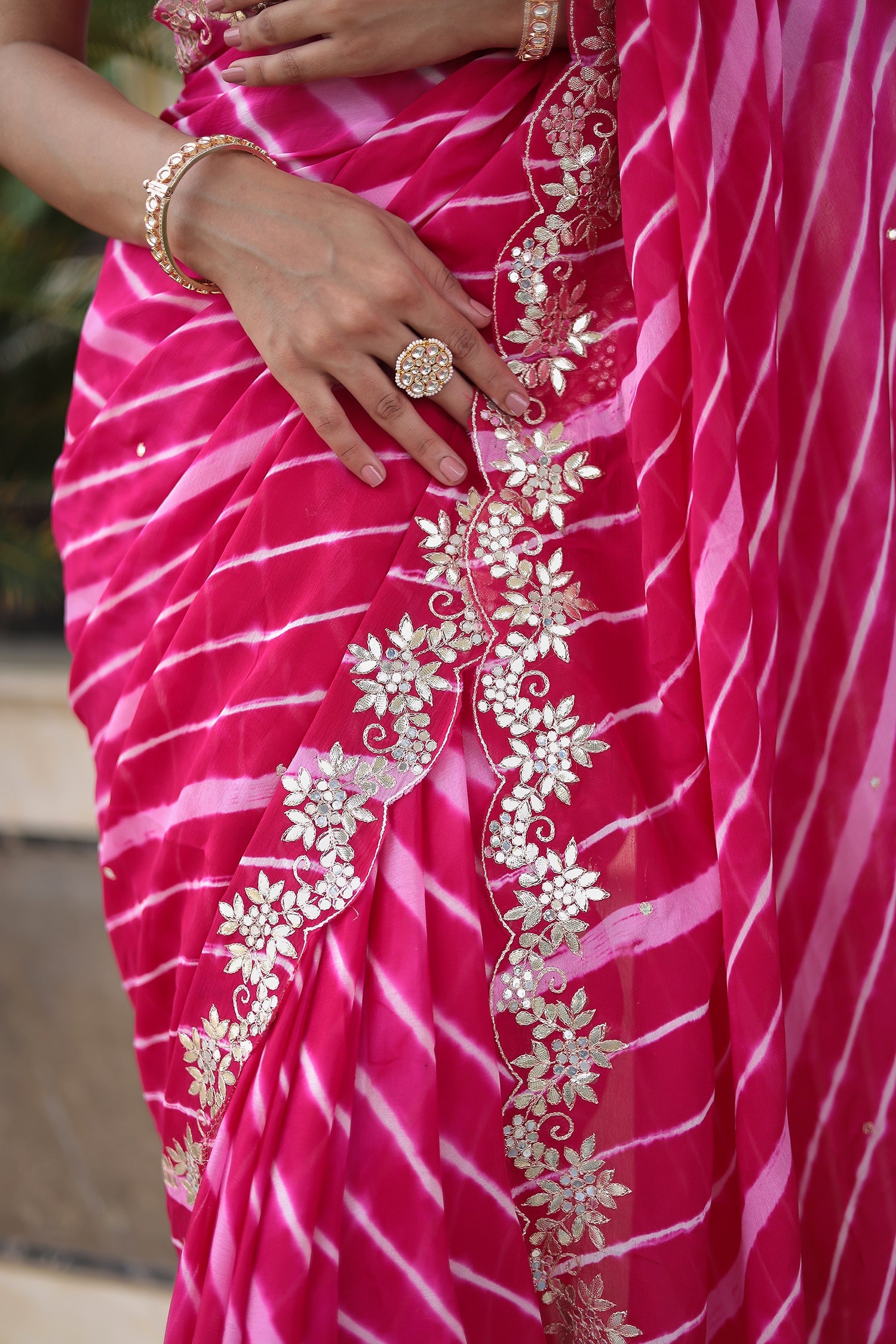 Leheriya Silk Saree with Timeless Aari and Gota Patti Embroidery