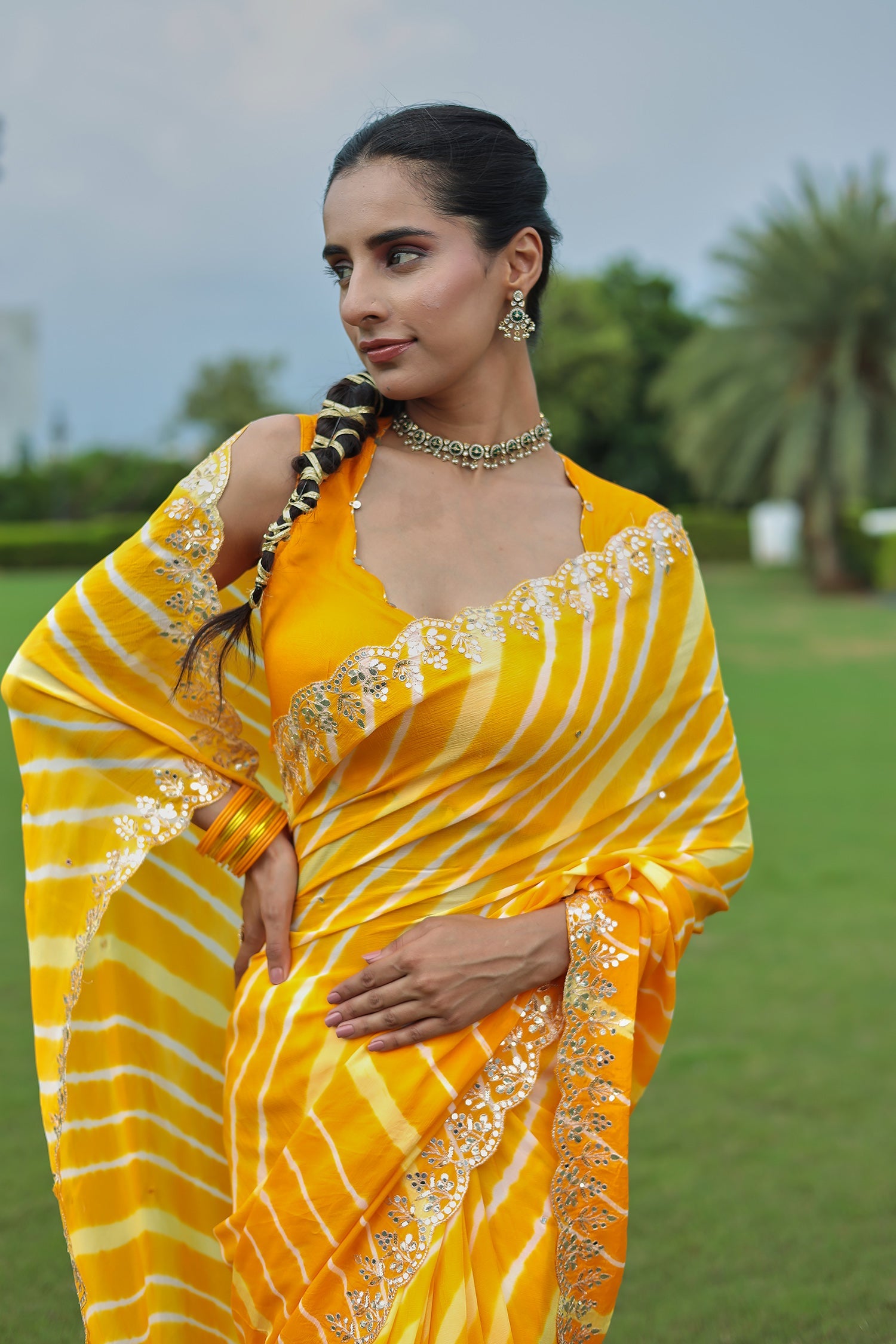 Leheriya Silk Saree with Timeless Aari and Gota Patti Embroidery