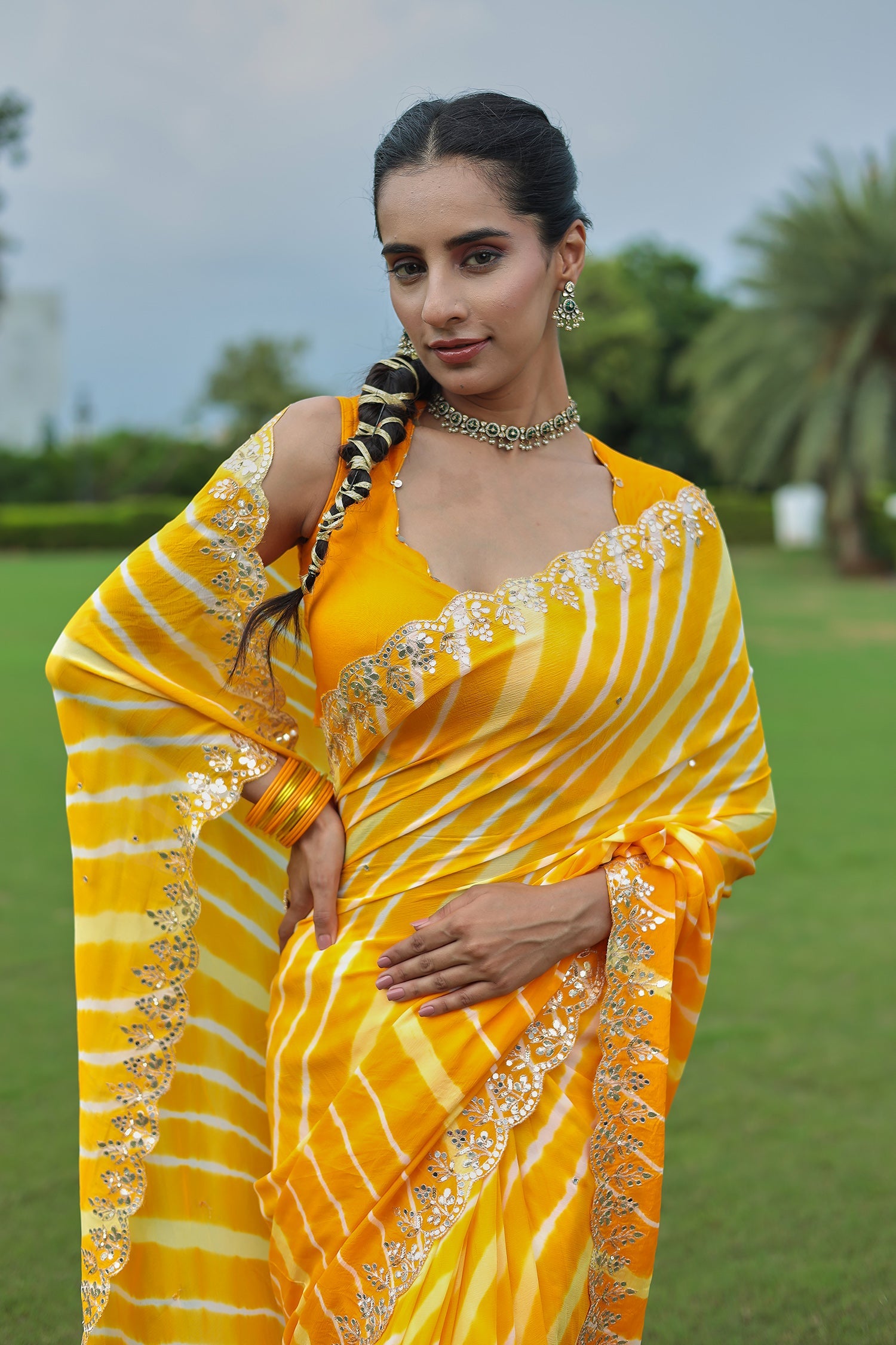 Leheriya Silk Saree with Timeless Aari and Gota Patti Embroidery