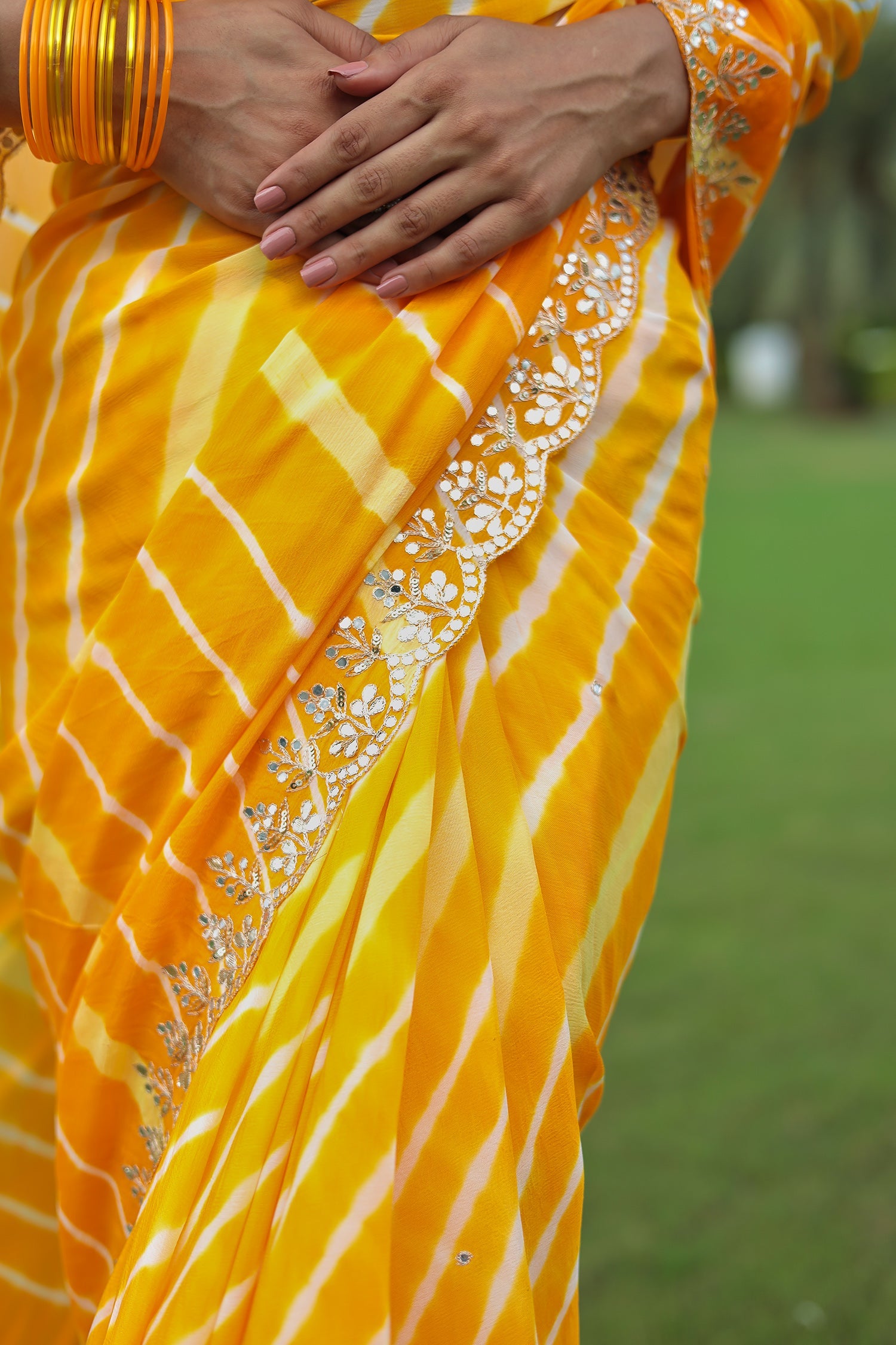 Leheriya Silk Saree with Timeless Aari and Gota Patti Embroidery