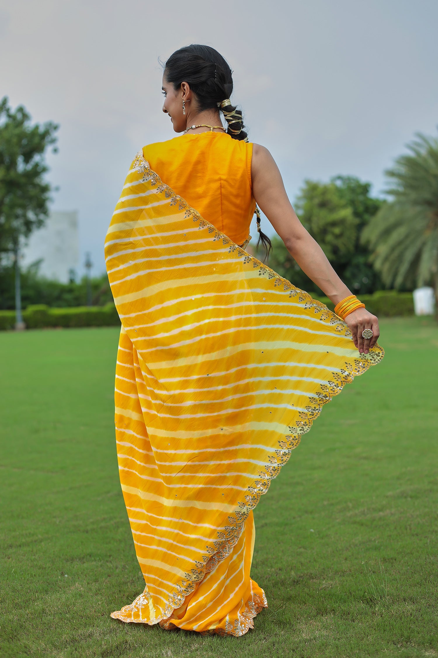 Leheriya Silk Saree with Timeless Aari and Gota Patti Embroidery