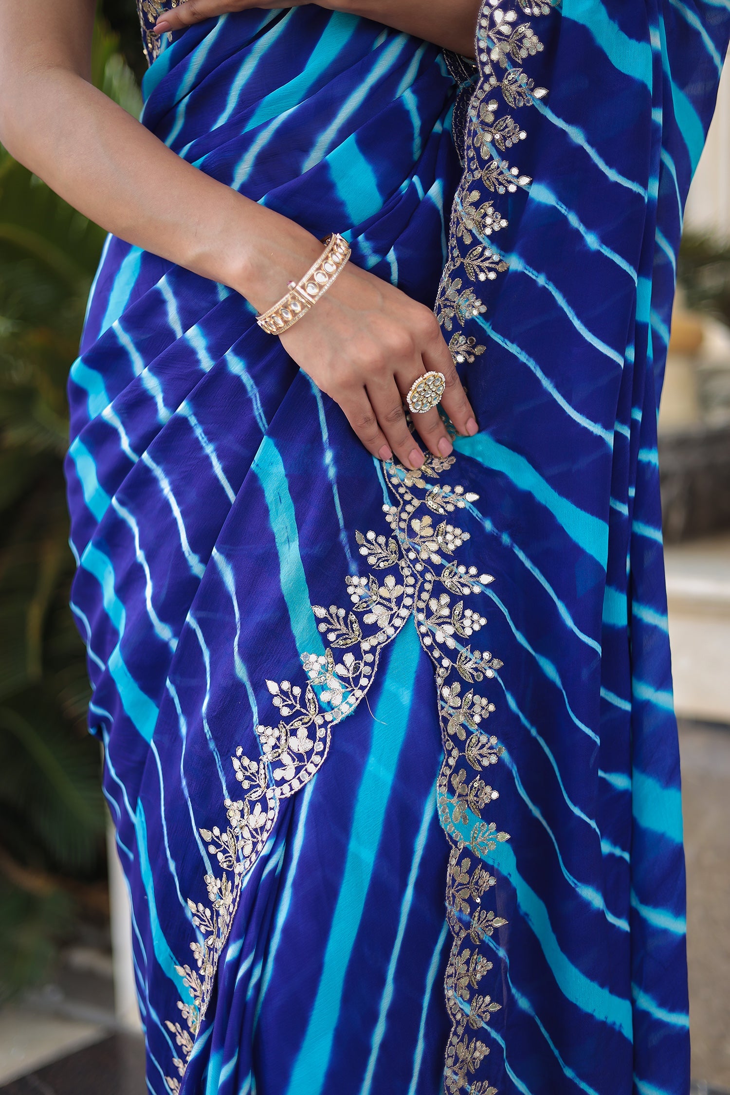 Leheriya Silk Saree with Timeless Aari and Gota Patti Embroidery