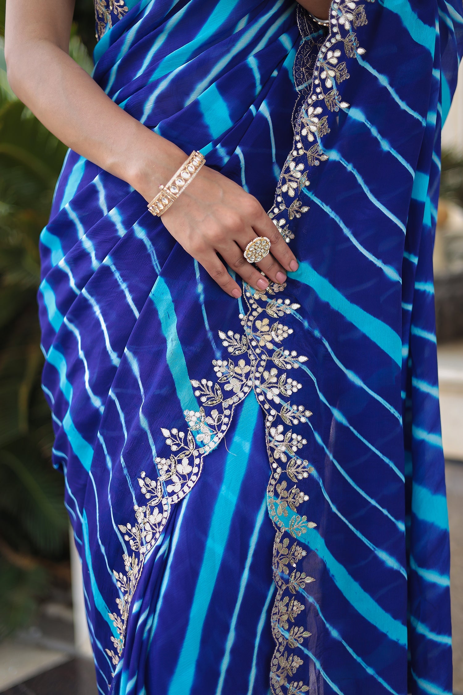 Leheriya Silk Saree with Timeless Aari and Gota Patti Embroidery