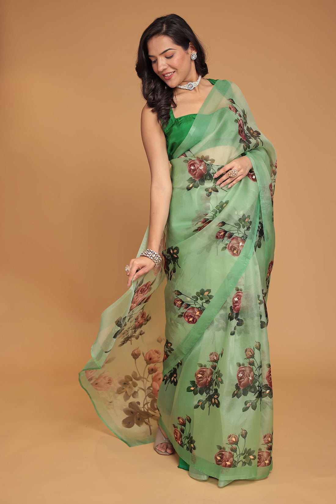 Floral Print Silk Saree with Gota Patti work