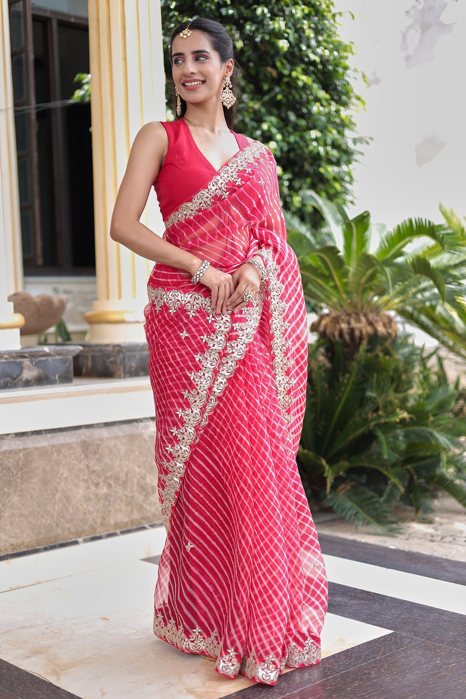 Elegant Leheriya Organza Saree in Gota Patti Detailing