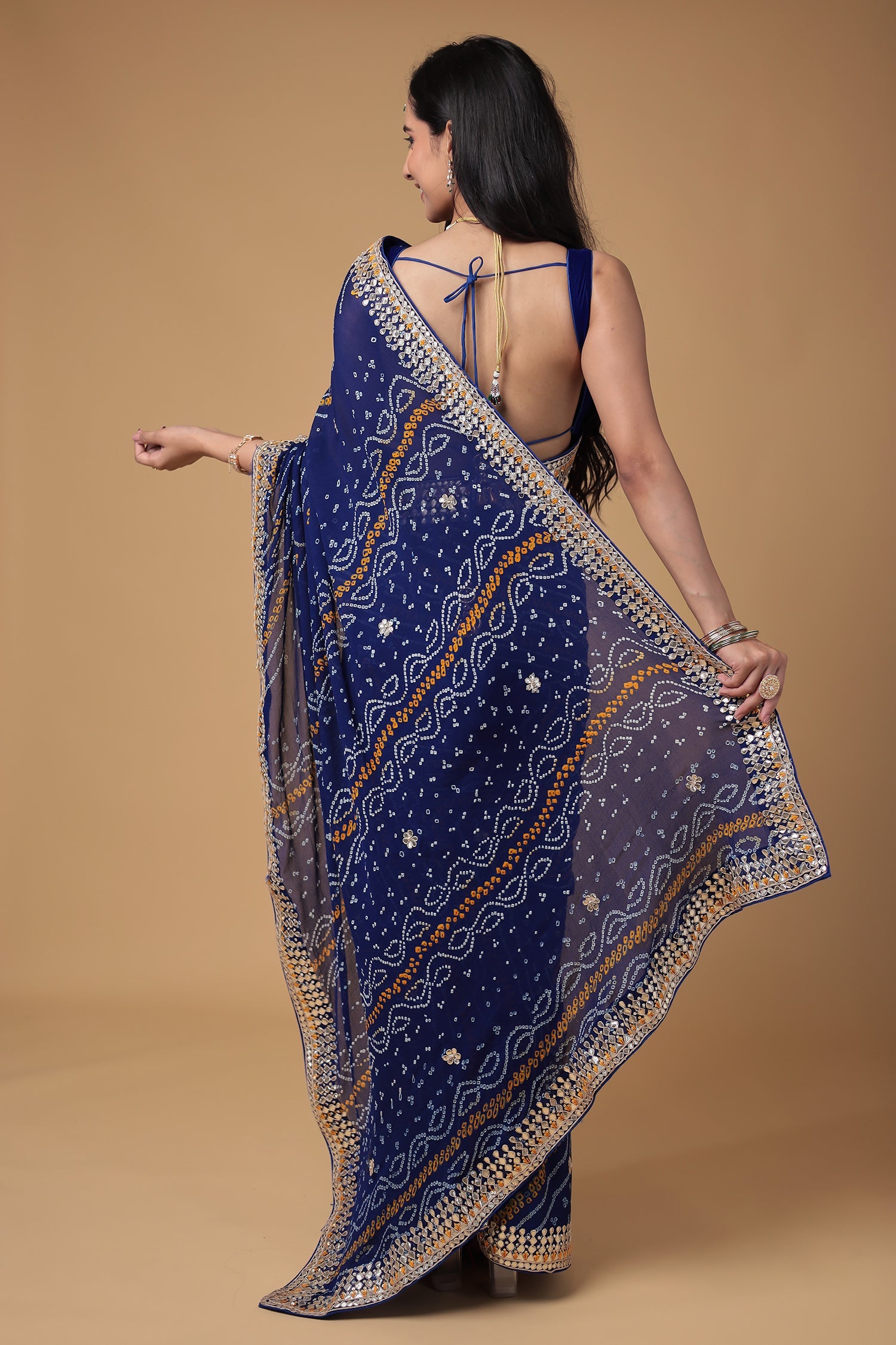 Bandhej Chiffon Saree with Dori, Gota Patti and Thread work