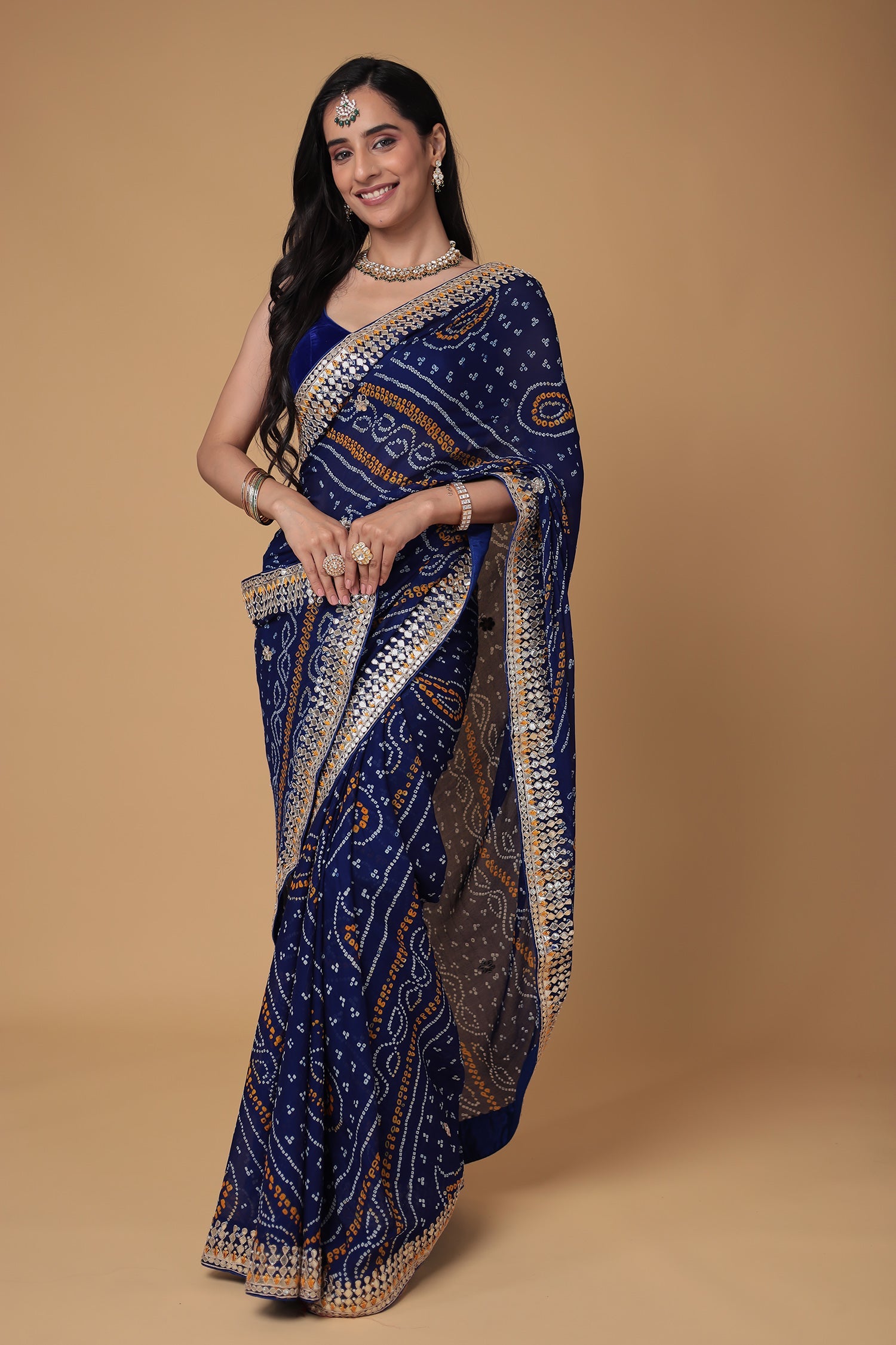 Bandhej Chiffon Saree with Dori, Gota Patti and Thread work