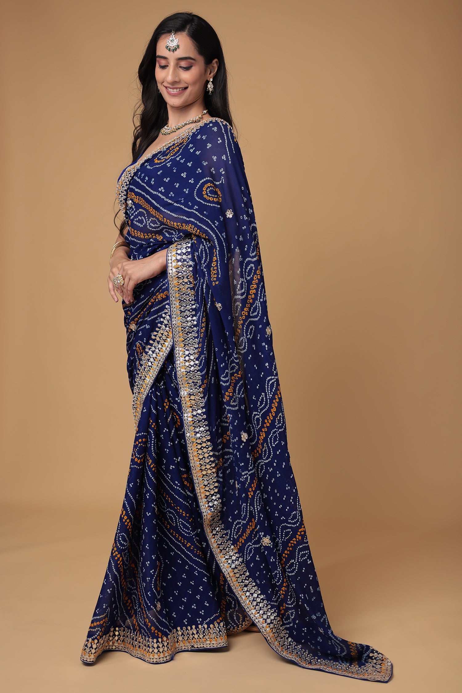 Bandhej Chiffon Saree with Dori, Gota Patti and Thread work