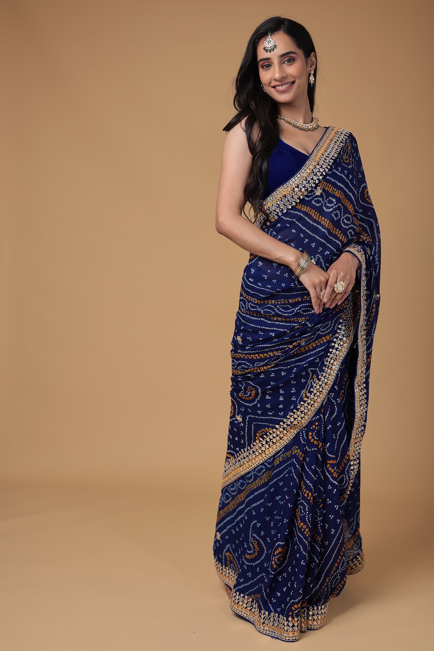 Bandhej Chiffon Saree with Dori, Gota Patti and Thread work