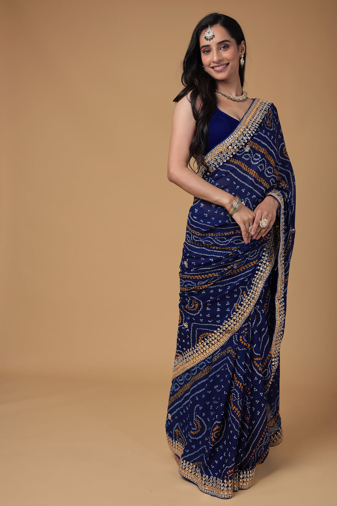 Bandhej Chiffon Saree with Dori, Gota Patti and Thread work
