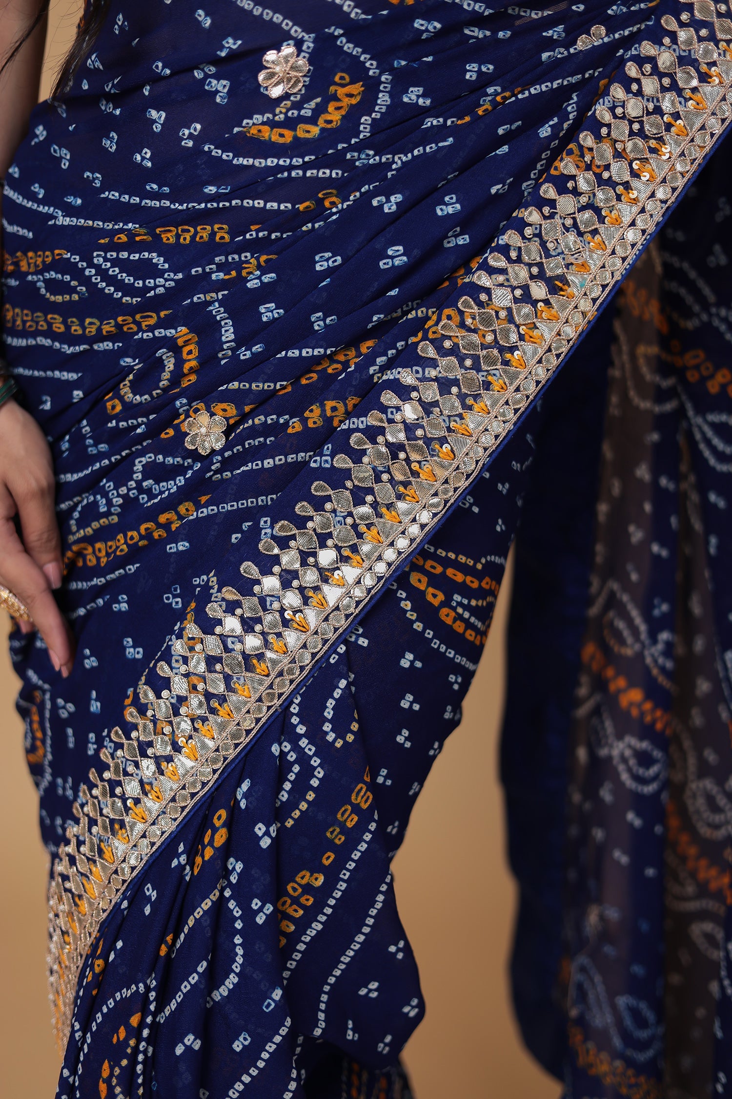 Bandhej Chiffon Saree with Dori, Gota Patti and Thread work