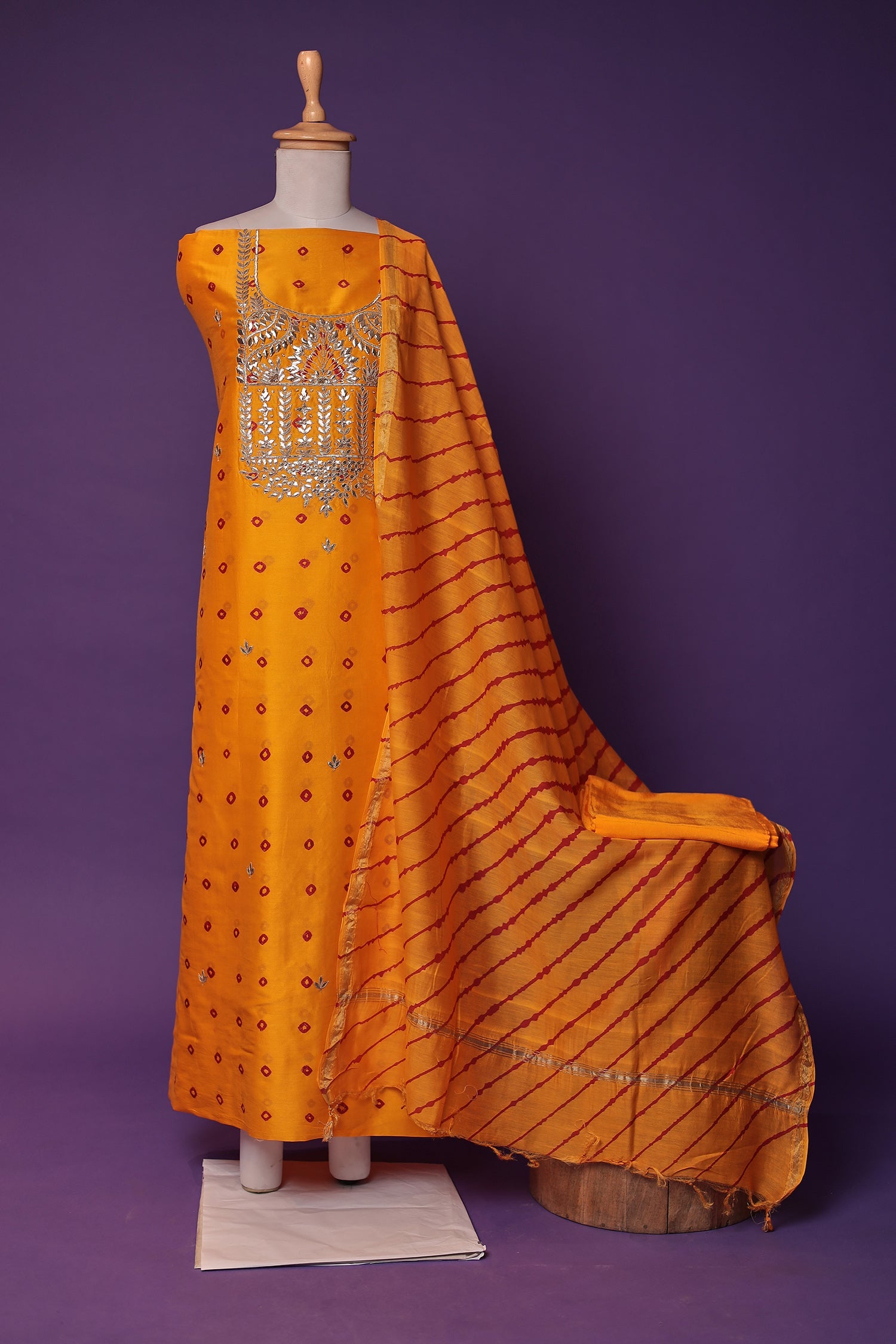 Leheriya Bandhej Chanderi Unstitched Suit with Gota Patti and Thread work