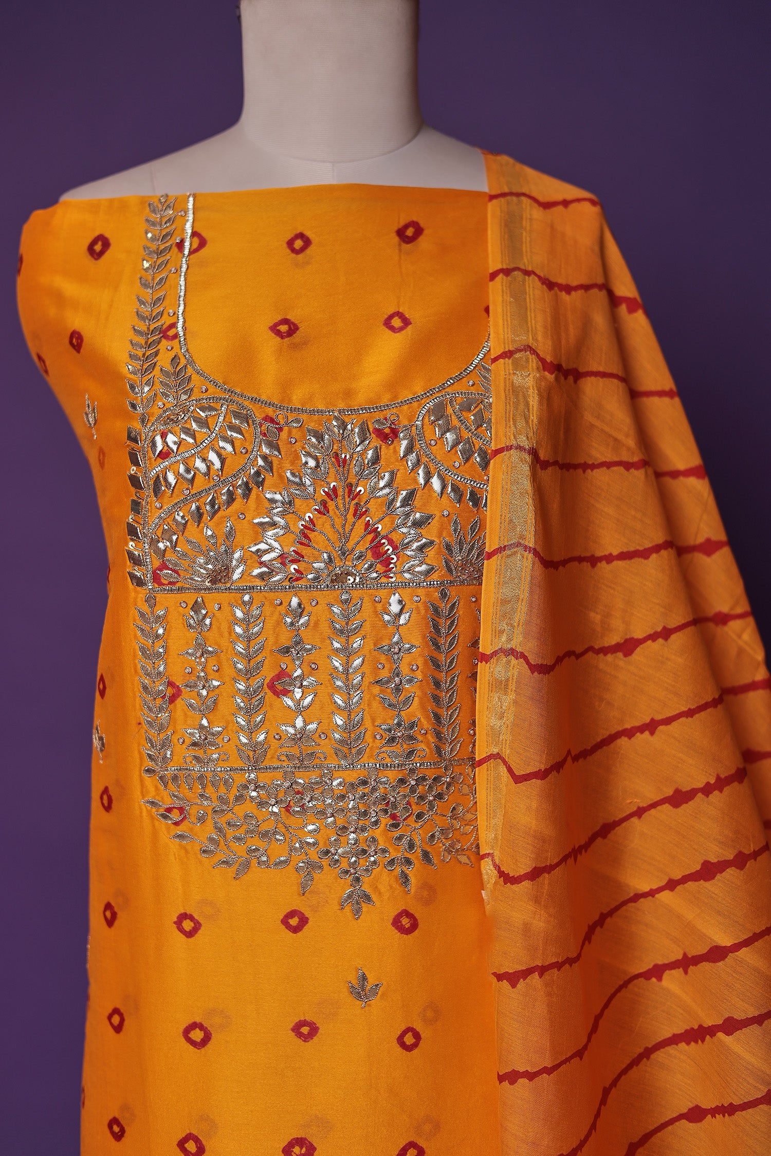 Leheriya Bandhej Chanderi Unstitched Suit with Gota Patti and Thread work