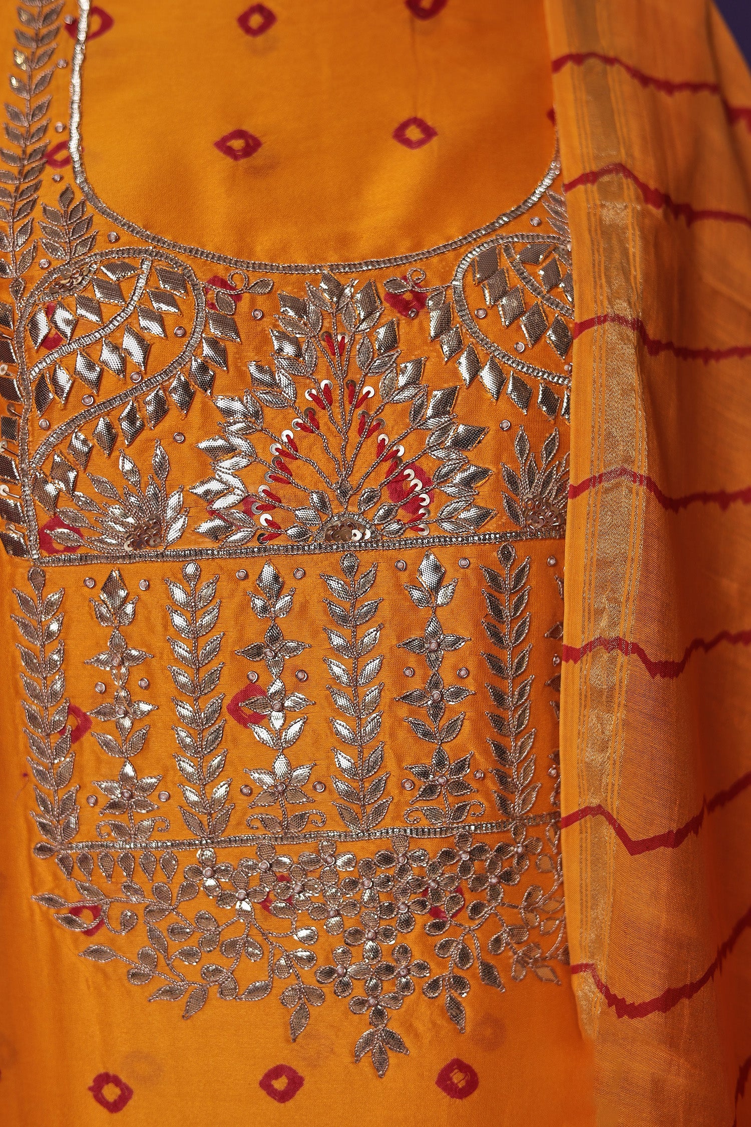 Leheriya Bandhej Chanderi Unstitched Suit with Gota Patti and Thread work