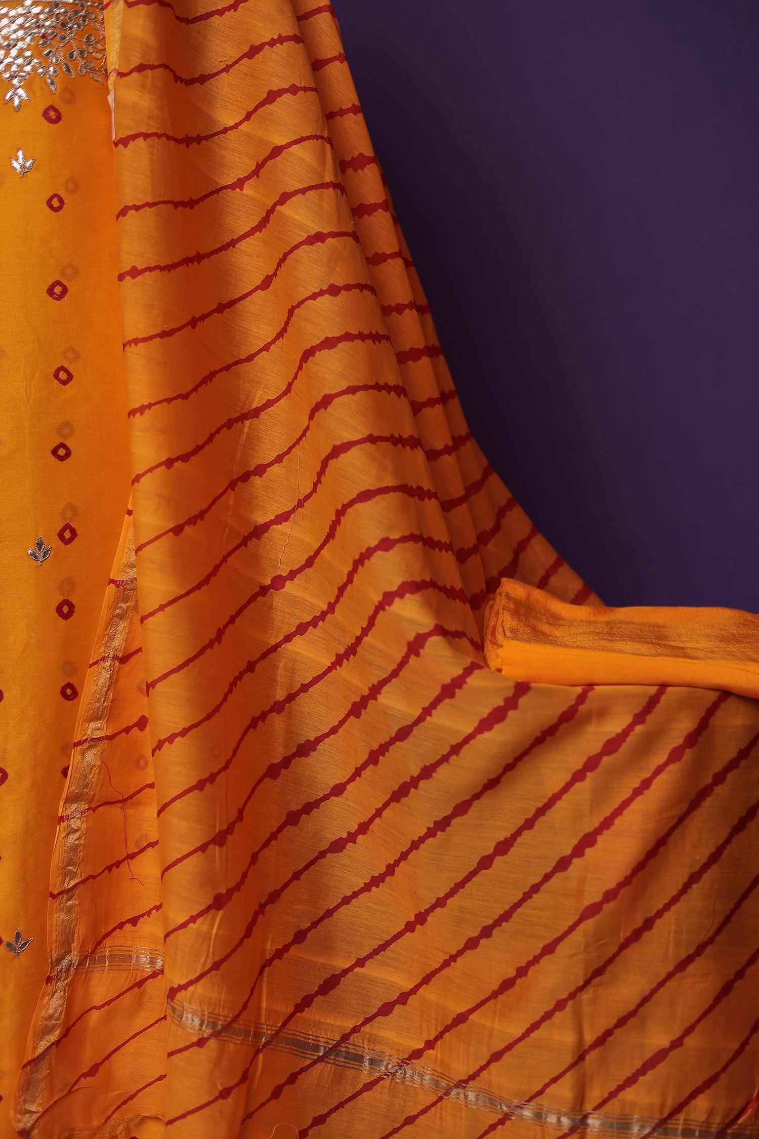 Leheriya Bandhej Chanderi Unstitched Suit with Gota Patti and Thread work