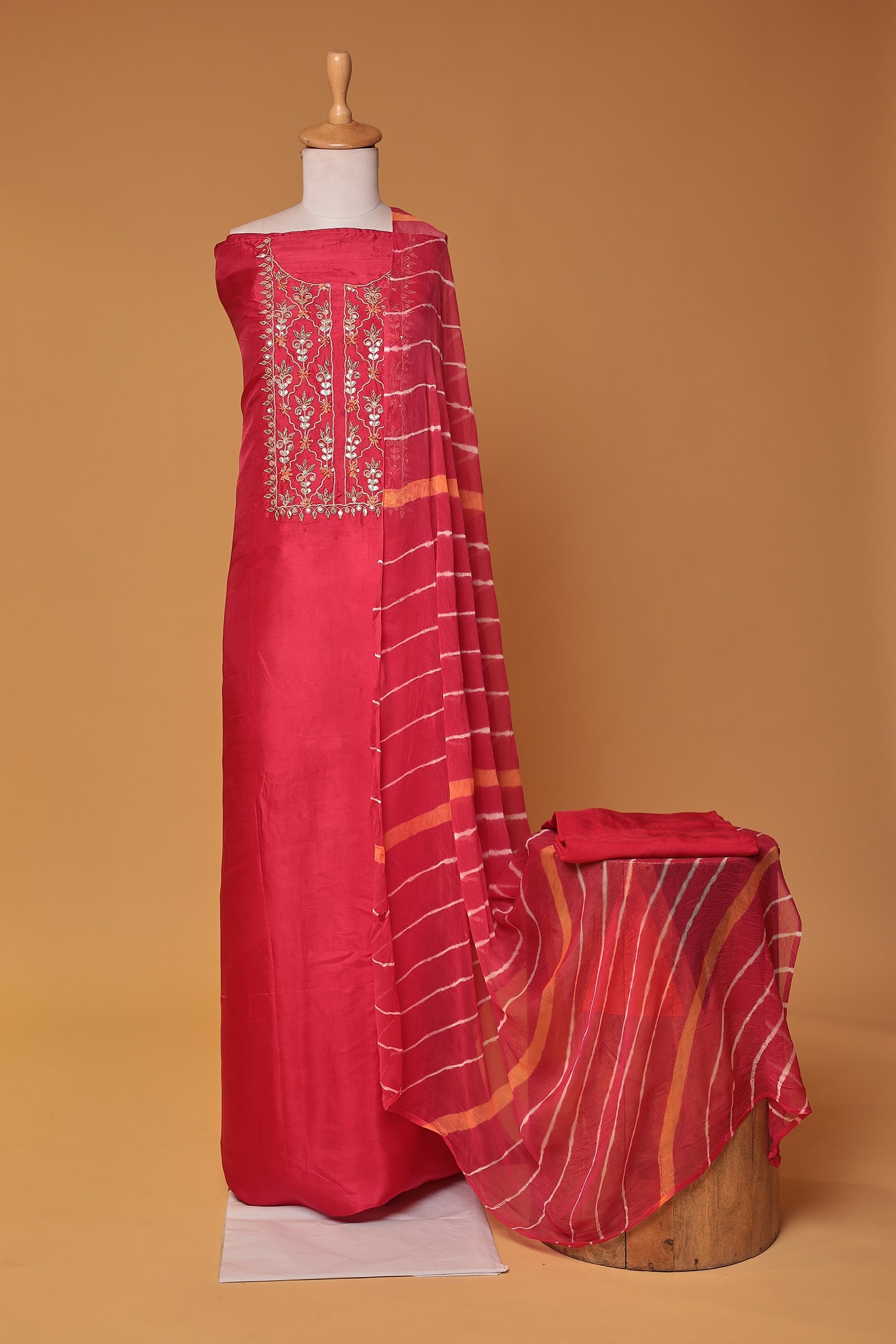 Leheriya Silk Unstitched Suit with Gota Patti, Thread and  Zardozi work