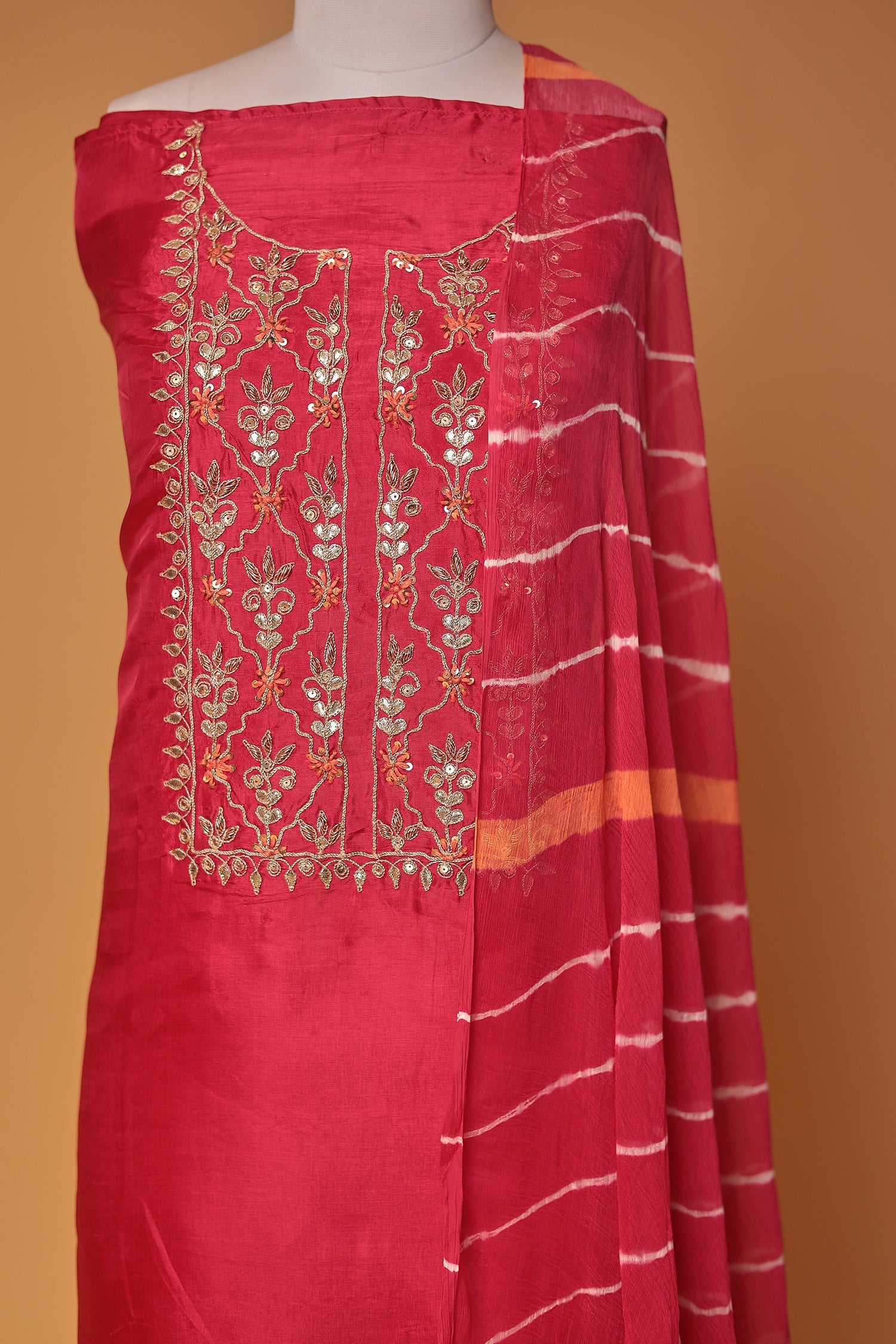 Leheriya Silk Unstitched Suit with Gota Patti, Thread and  Zardozi work