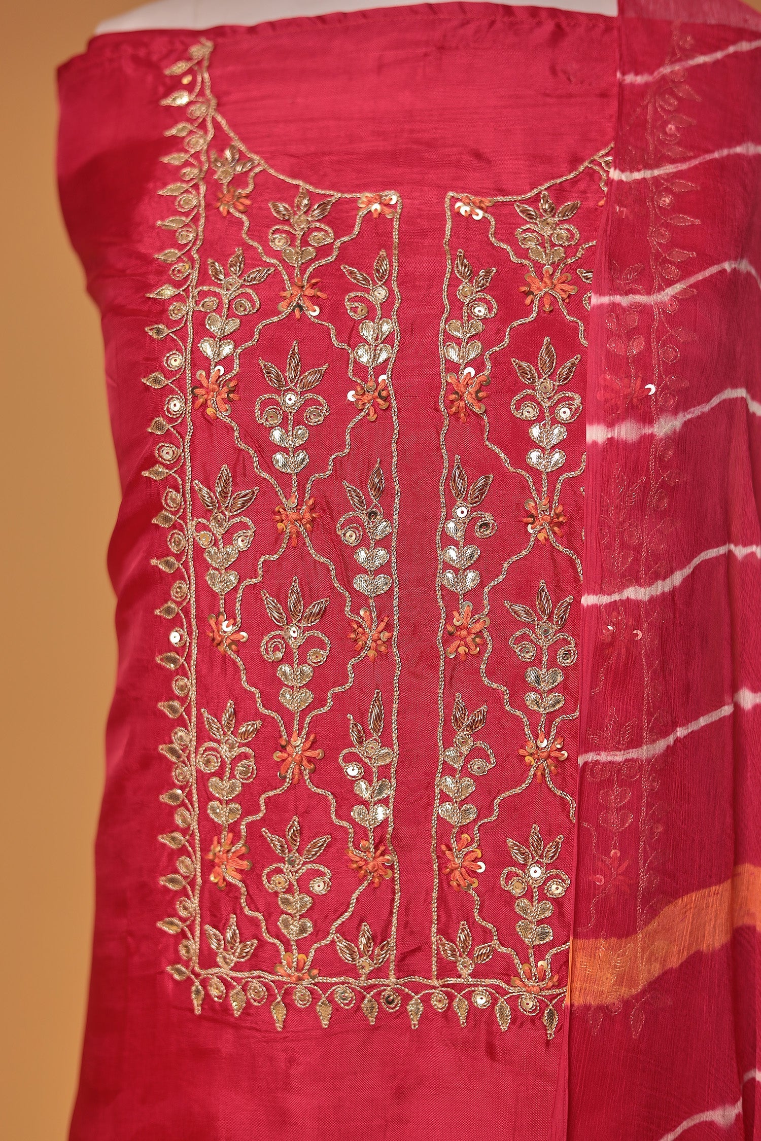 Leheriya Silk Unstitched Suit with Gota Patti, Thread and  Zardozi work