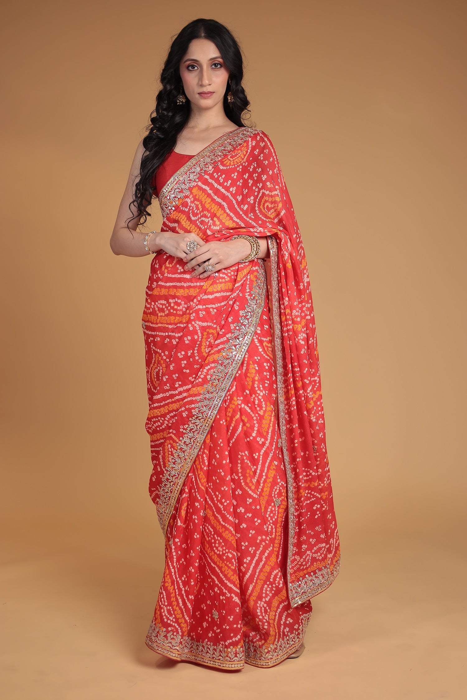 Bandhej Chiffon Saree with Gota Patti and Thread work