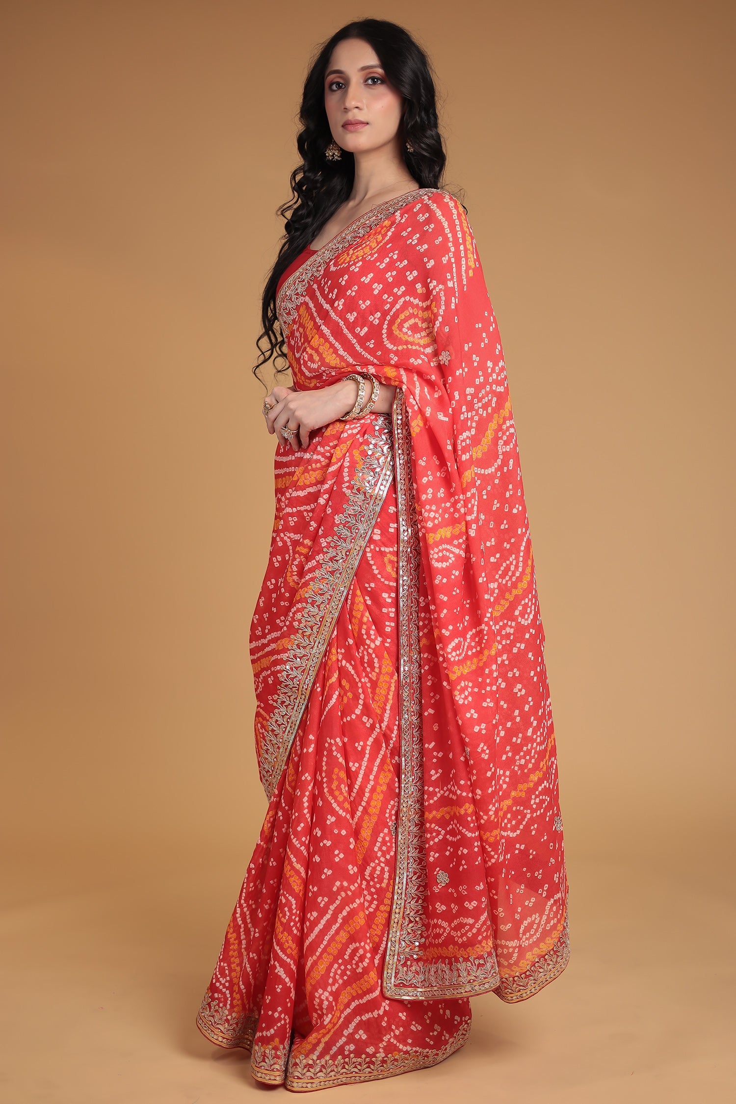 Bandhej Chiffon Saree with Gota Patti and Thread work