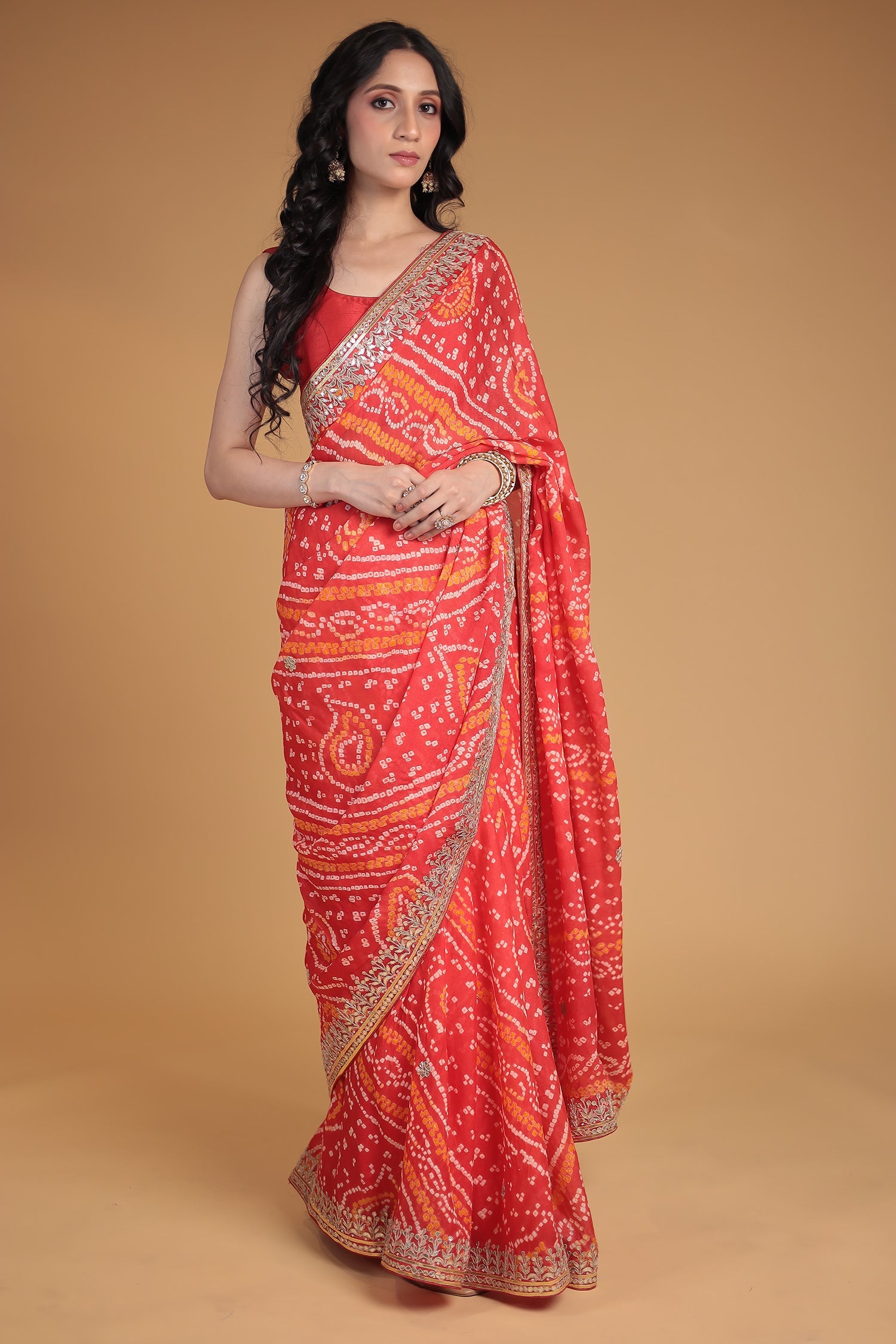 Bandhej Chiffon Saree with Gota Patti and Thread work