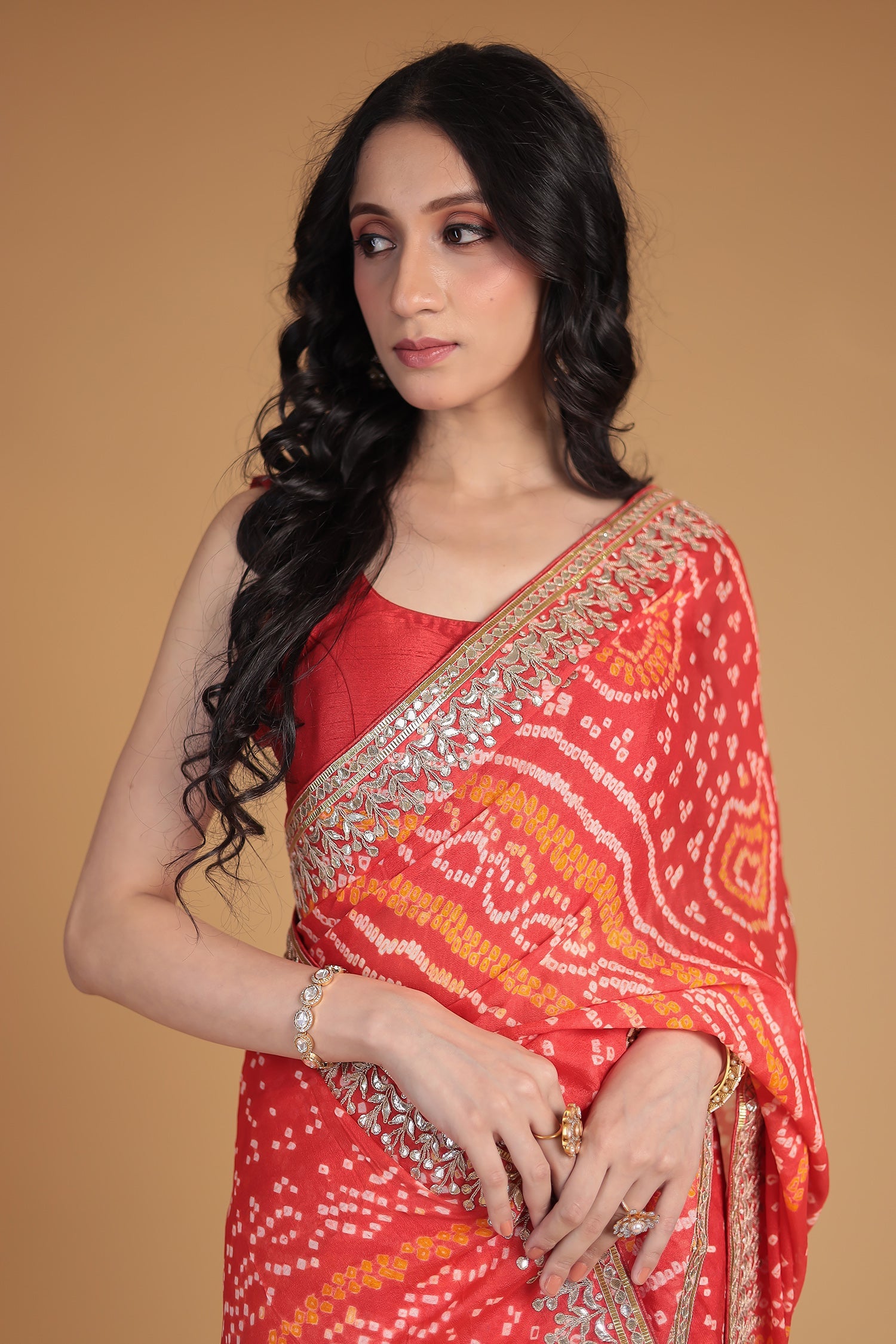 Bandhej Chiffon Saree with Gota Patti and Thread work