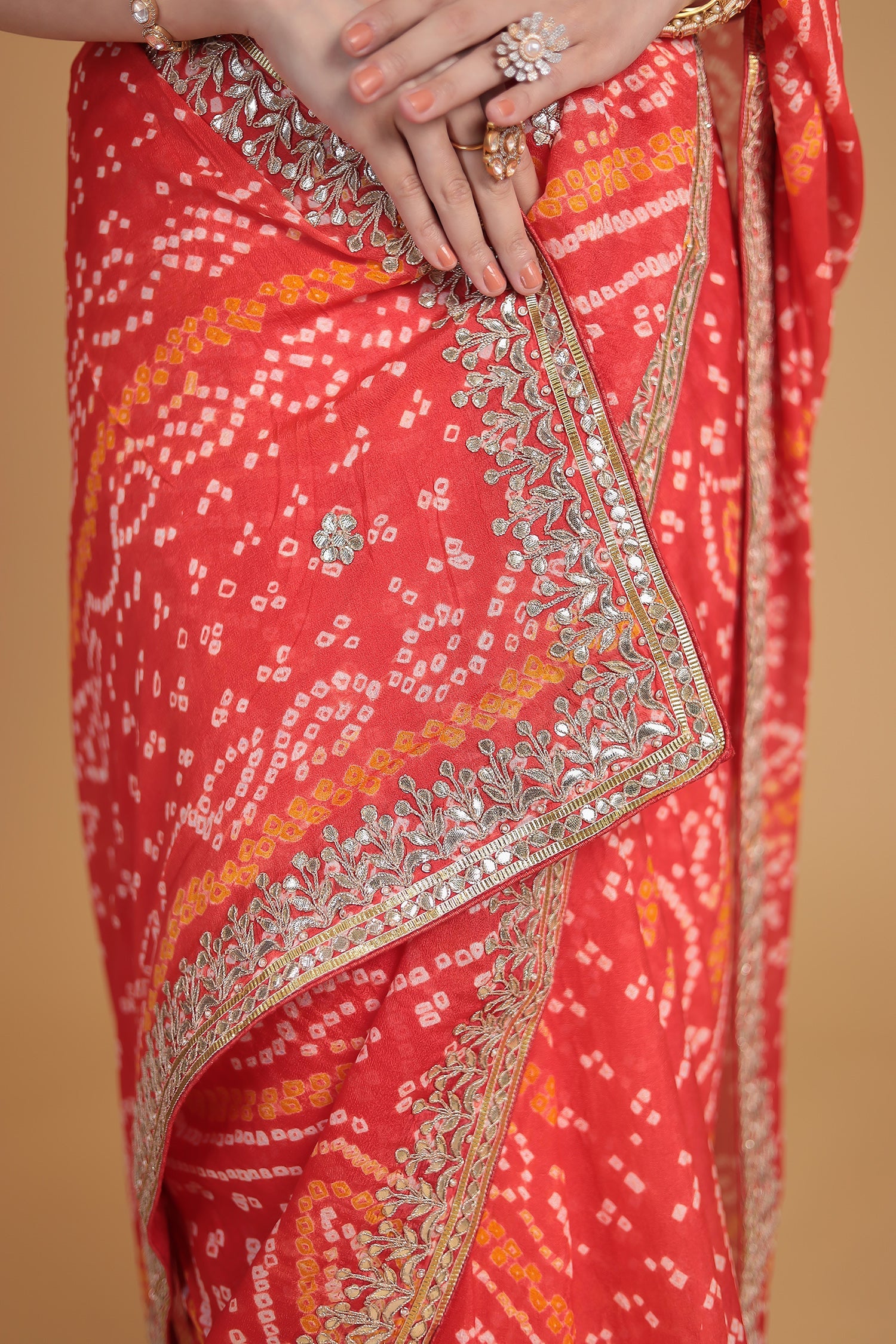 Bandhej Chiffon Saree with Gota Patti and Thread work