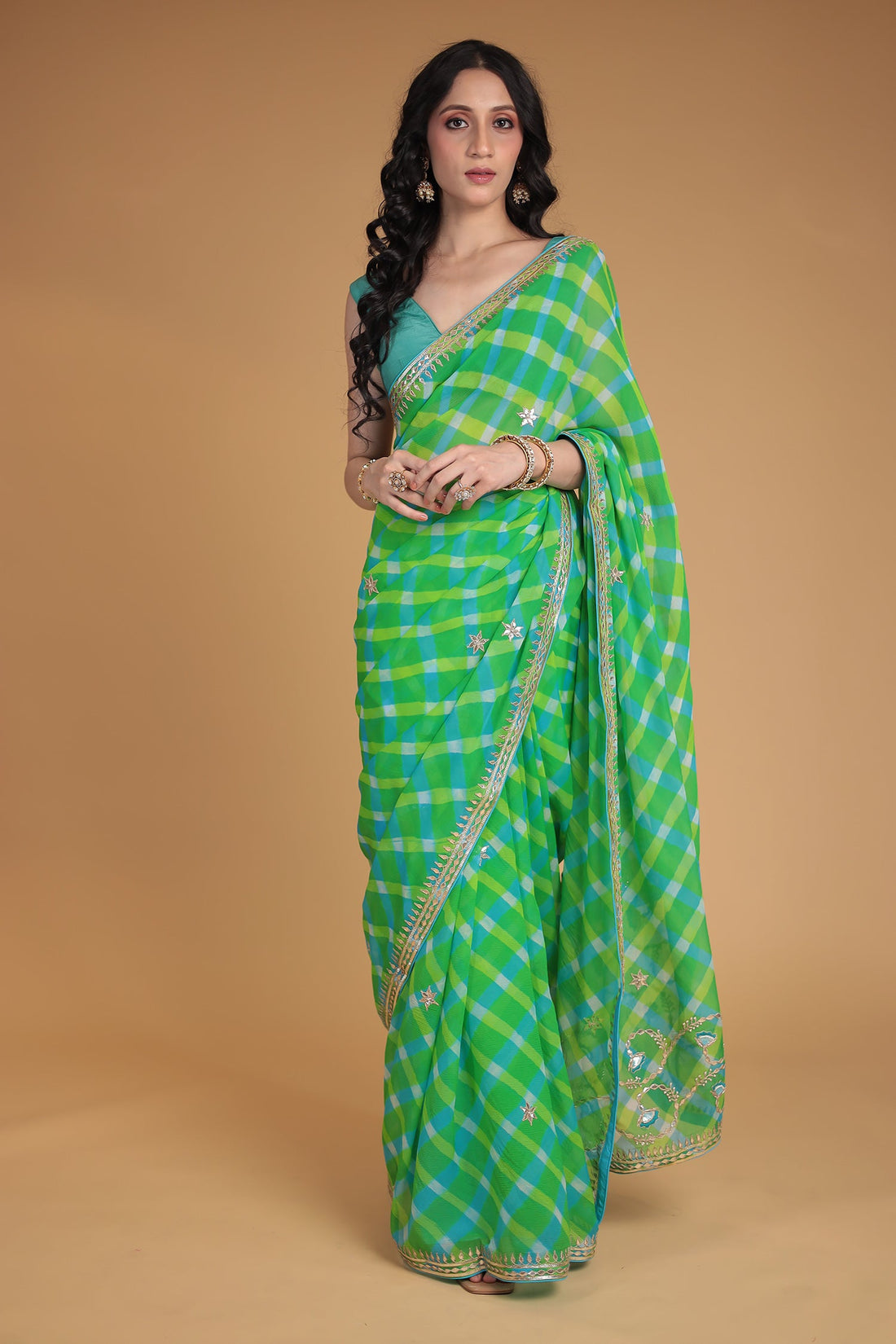 Leheriya Chiffon Saree with Gota Patti, Thread and Zardozi work