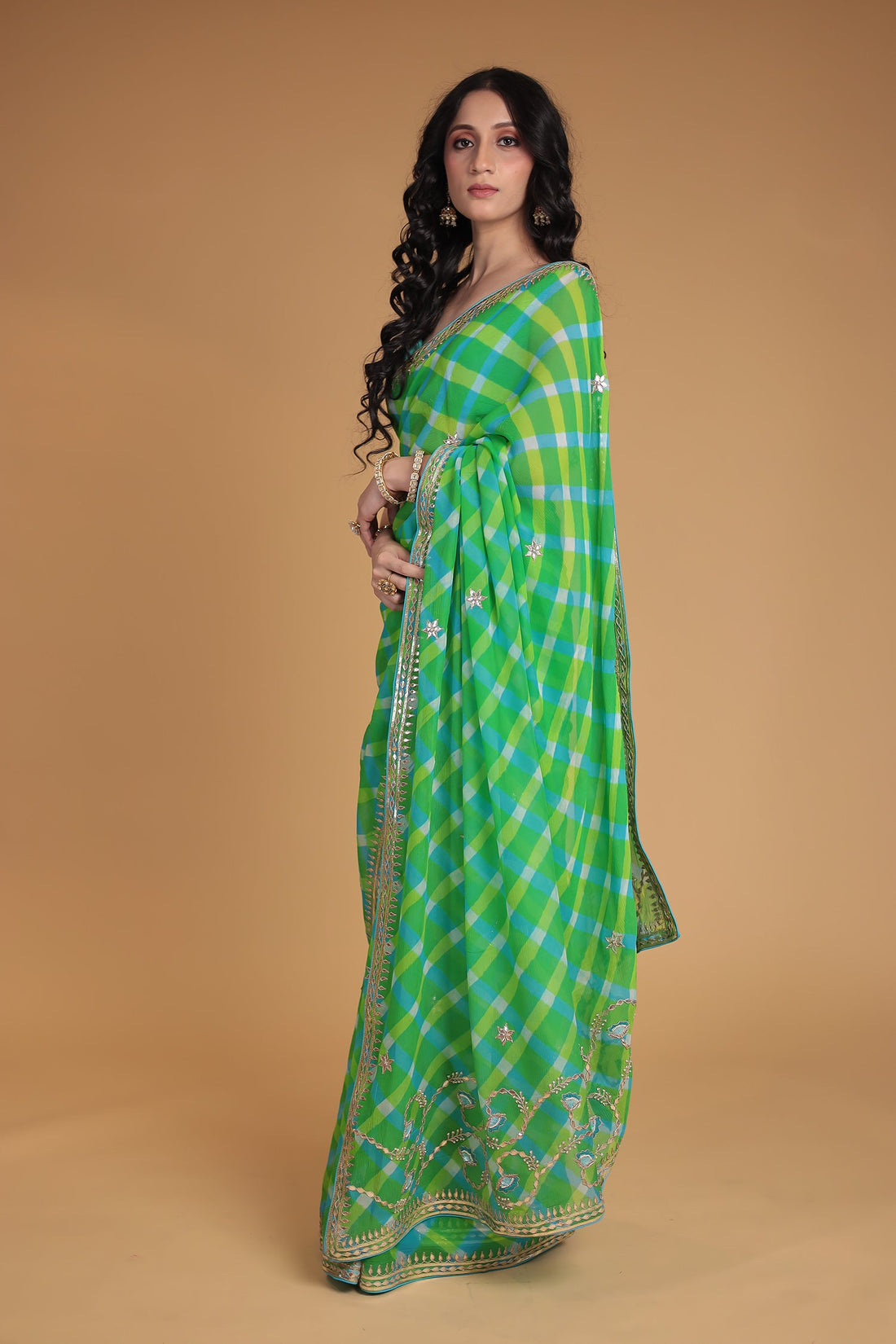 Leheriya Chiffon Saree with Gota Patti, Thread and Zardozi work