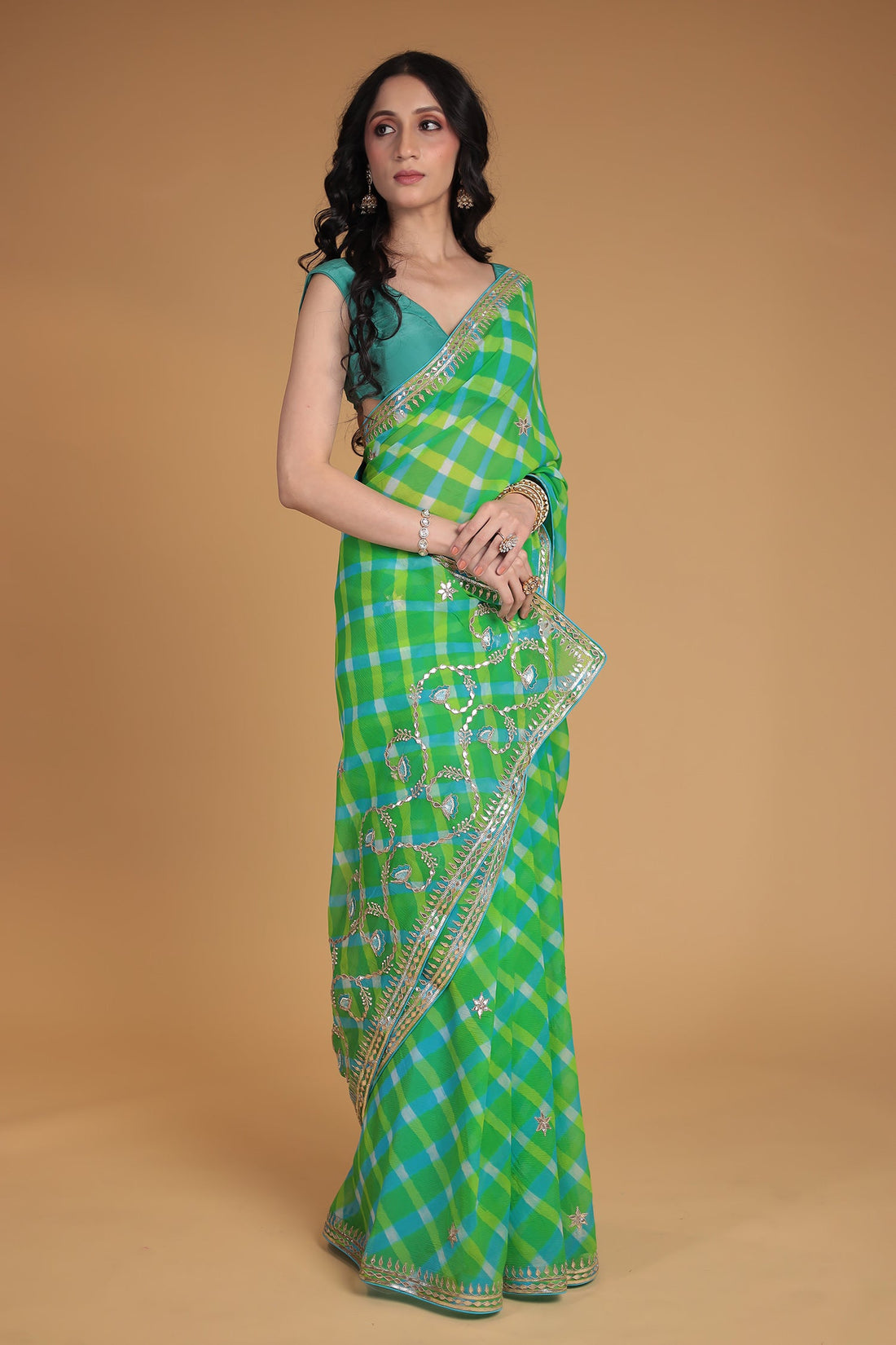Leheriya Chiffon Saree with Gota Patti, Thread and Zardozi work