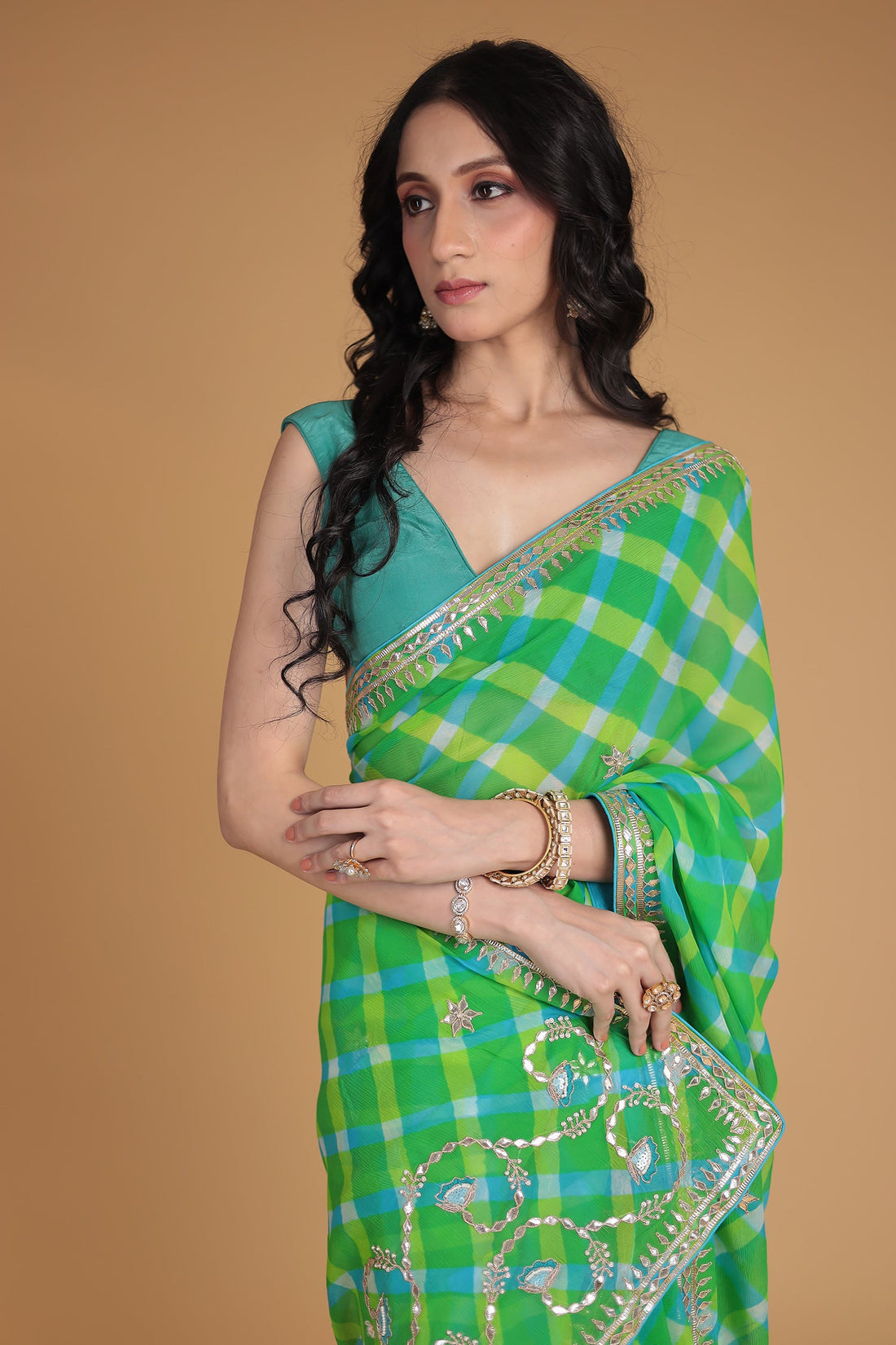 Leheriya Chiffon Saree with Gota Patti, Thread and Zardozi work