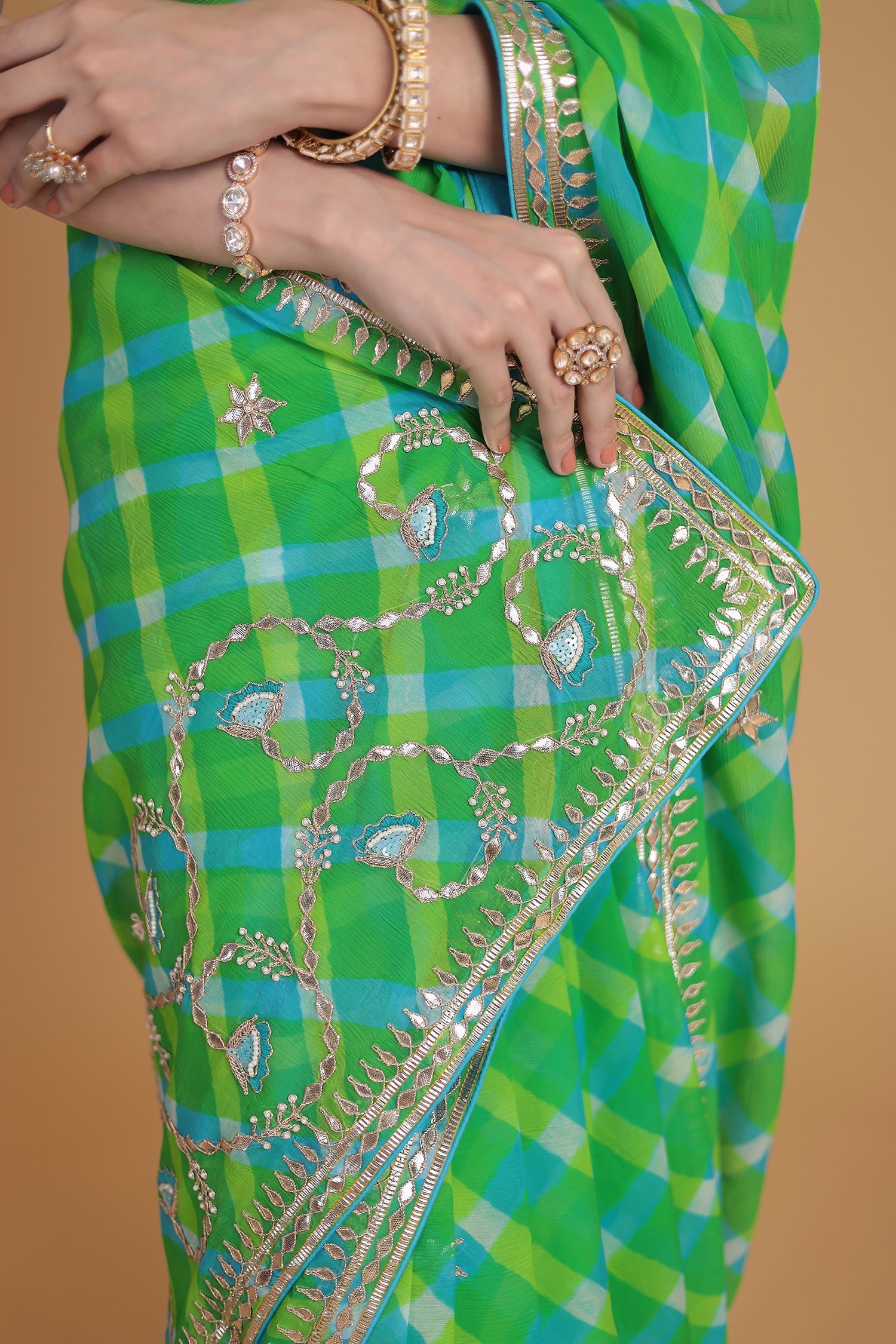 Leheriya Chiffon Saree with Gota Patti, Thread and Zardozi work